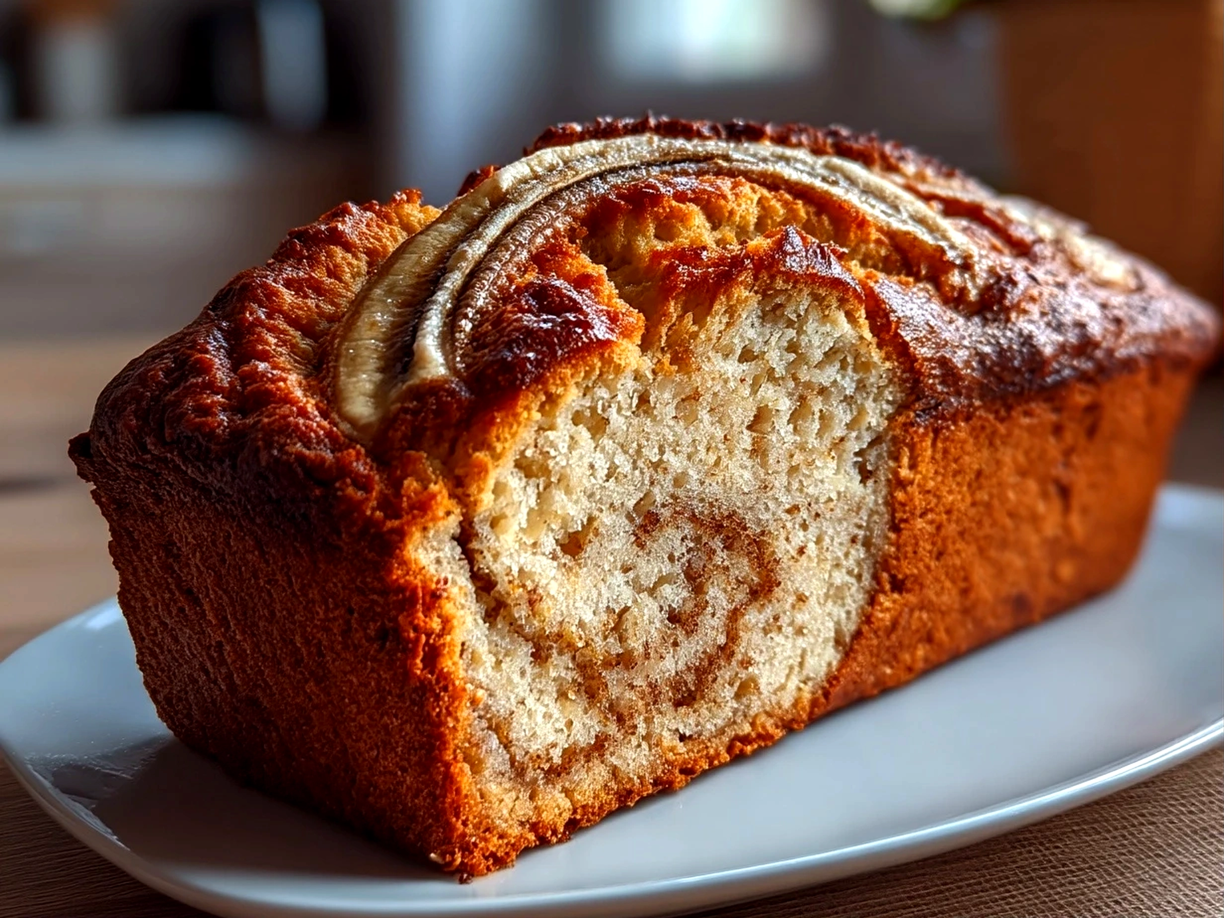 Slight angle close up of finished beautifully baked cinnamon swirl banana bread