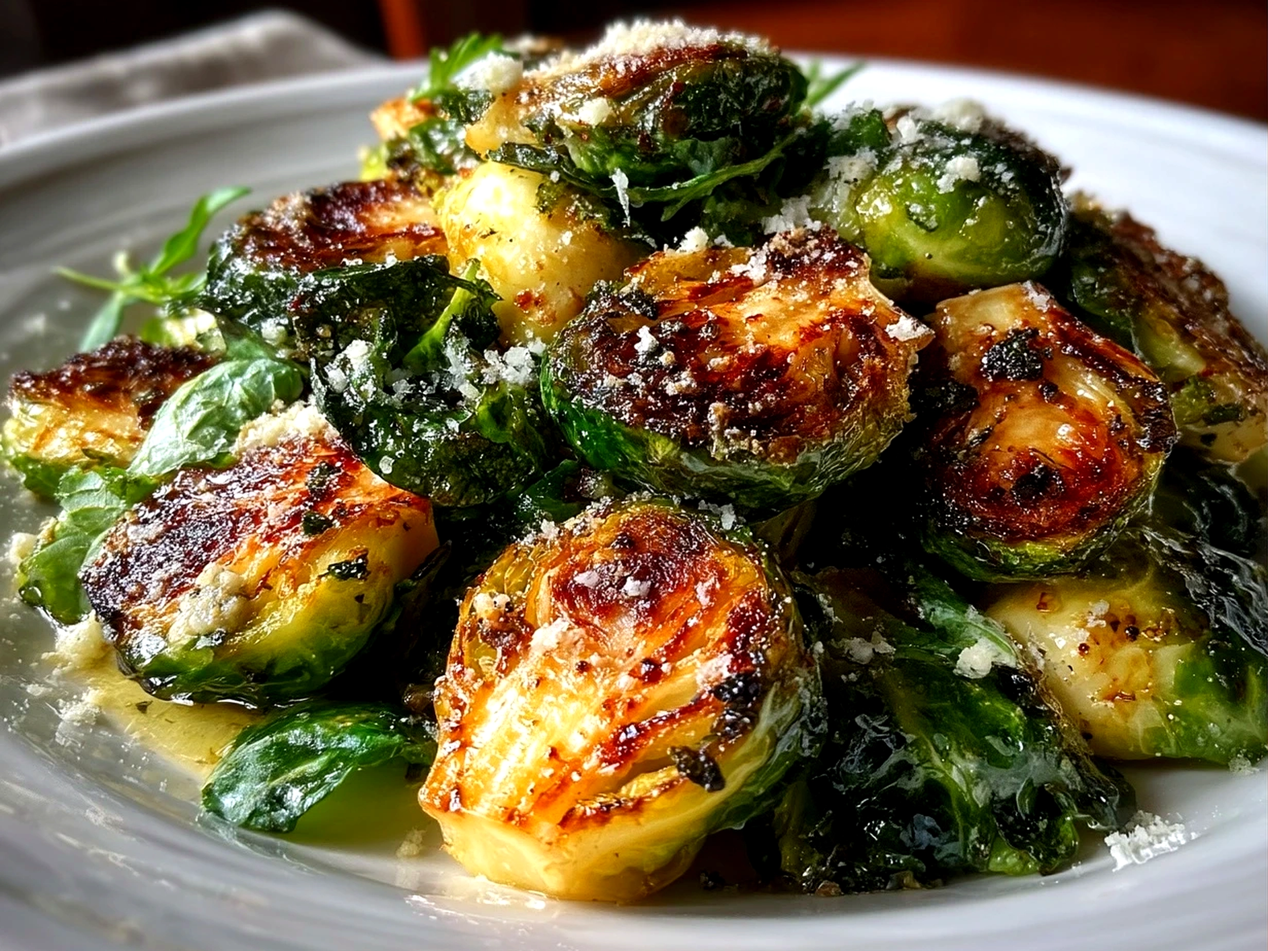 Slight angle close-up of finished Brussels Sprouts Caesar salad showing roasted sprouts, lettuce, Parmesan, and croutons