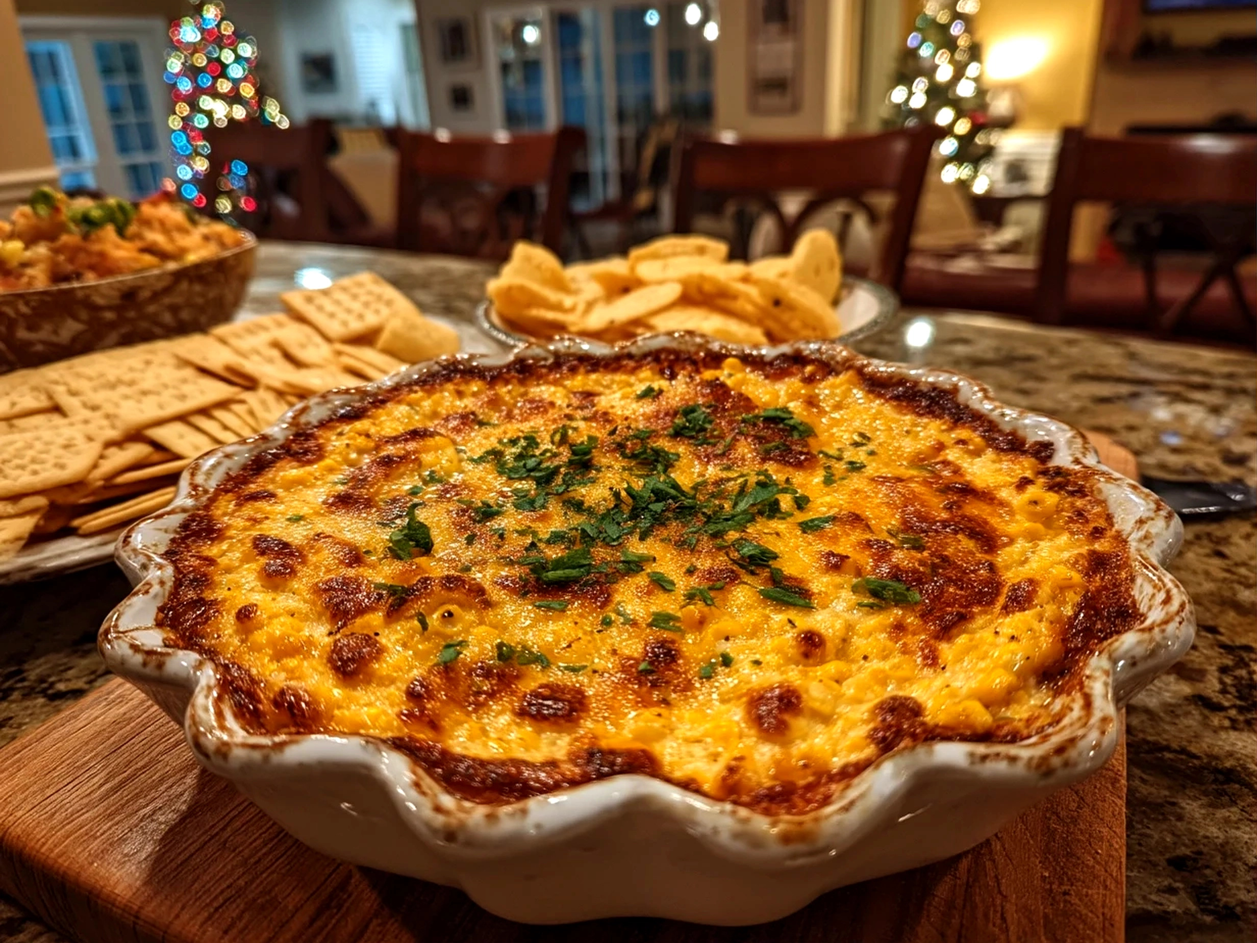 Close-up of finished Cheesy Crowd-Pleaser Corn Dip in a baking dish