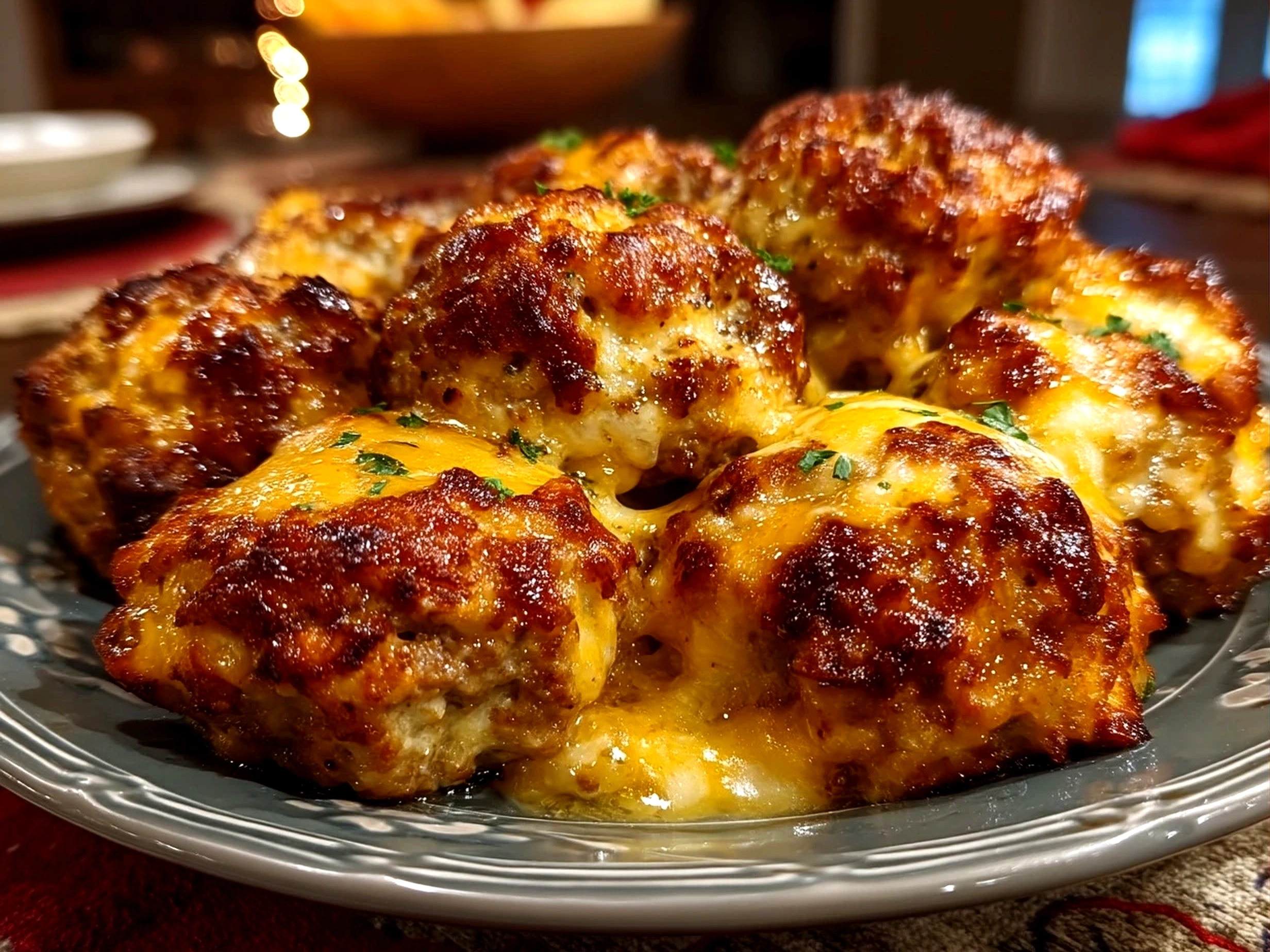 Close-up of freshly baked Cheesy Rotel Sausage Balls