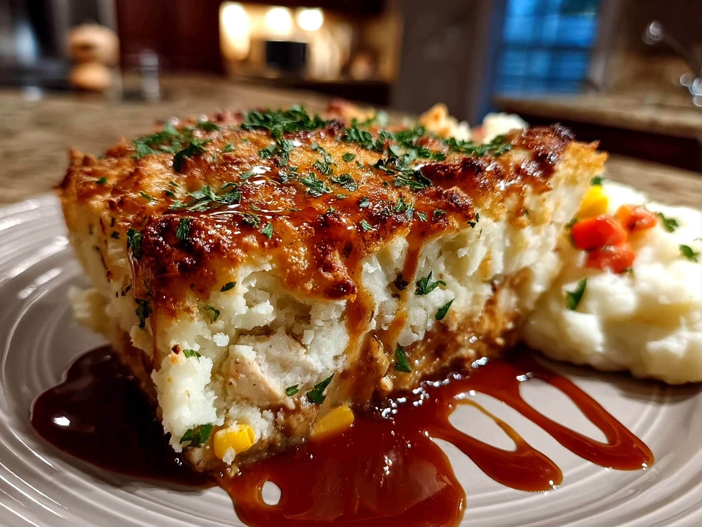 Close up of finished Chicken Shepherds Pie with golden mashed potato topping.