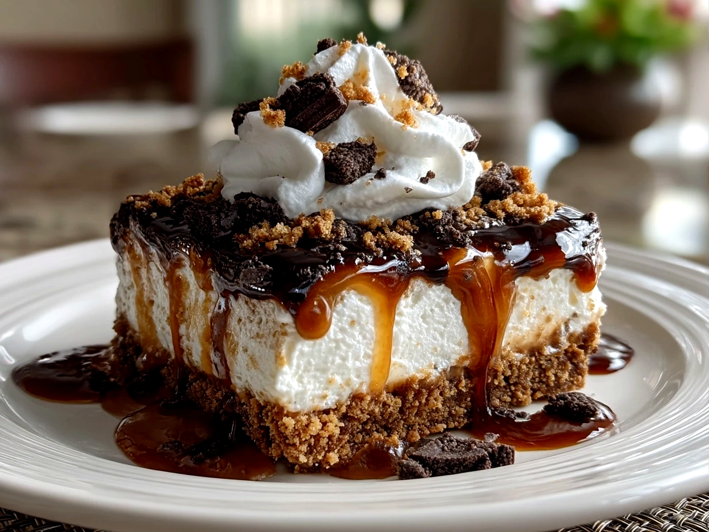 Close up of the finished Classic Dirt Cake Delight showing creamy layers topped with crushed Oreos