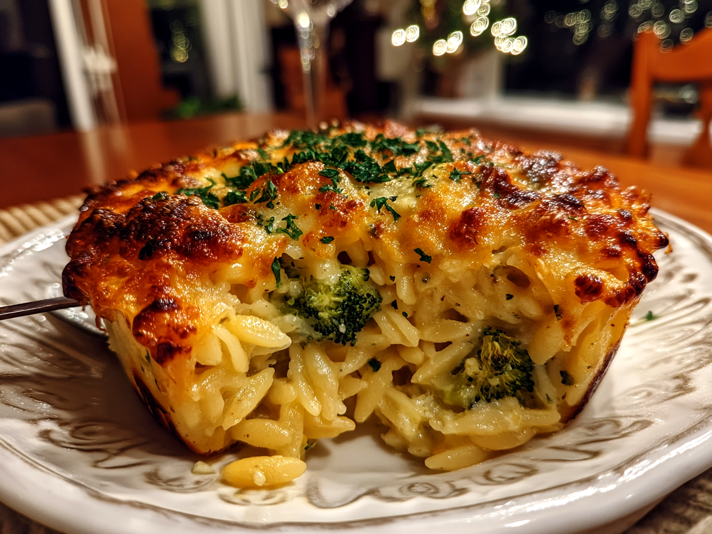 Close-up of finished comforting Broccoli Cheddar Orzo Bake served in a dish