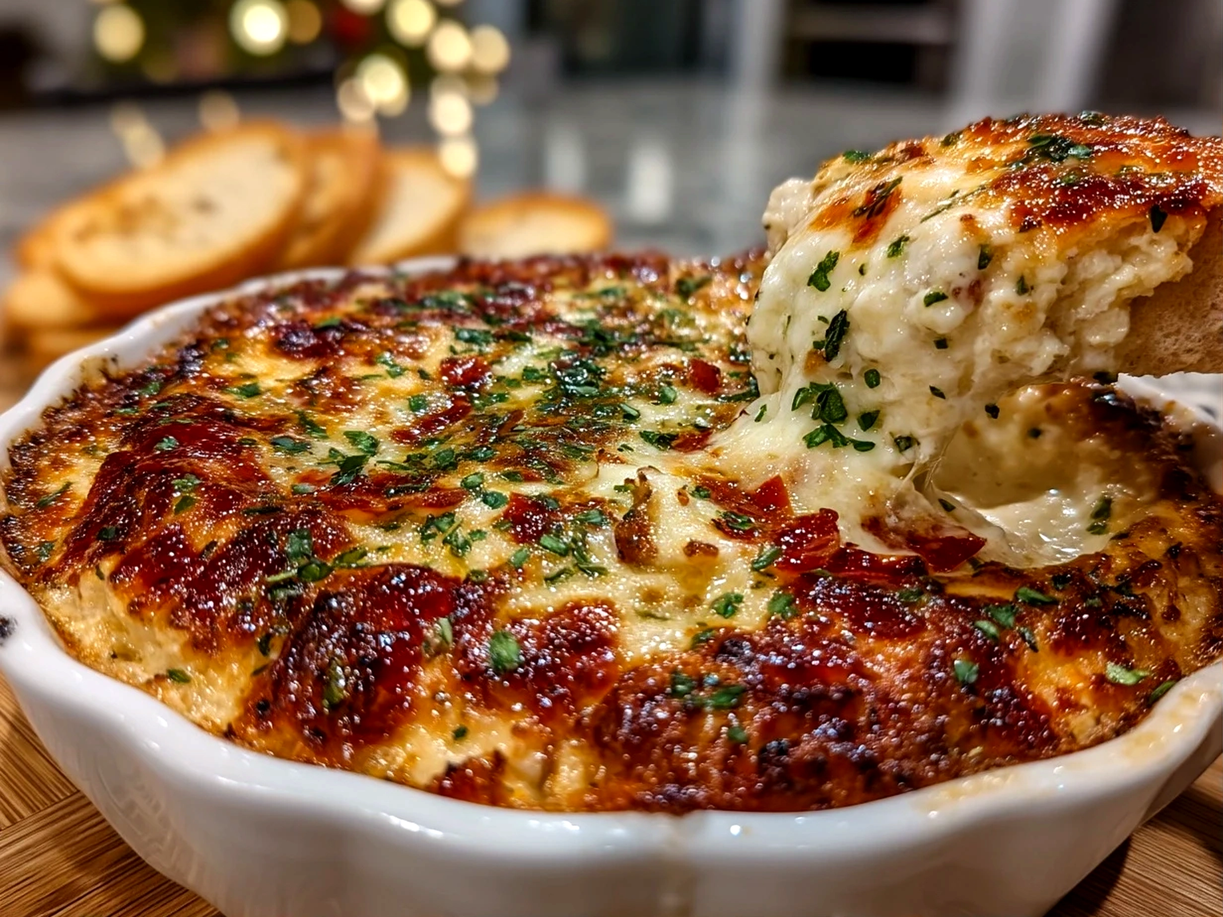 Slight angle close-up of finished comforting cheesy pizza dip served warm