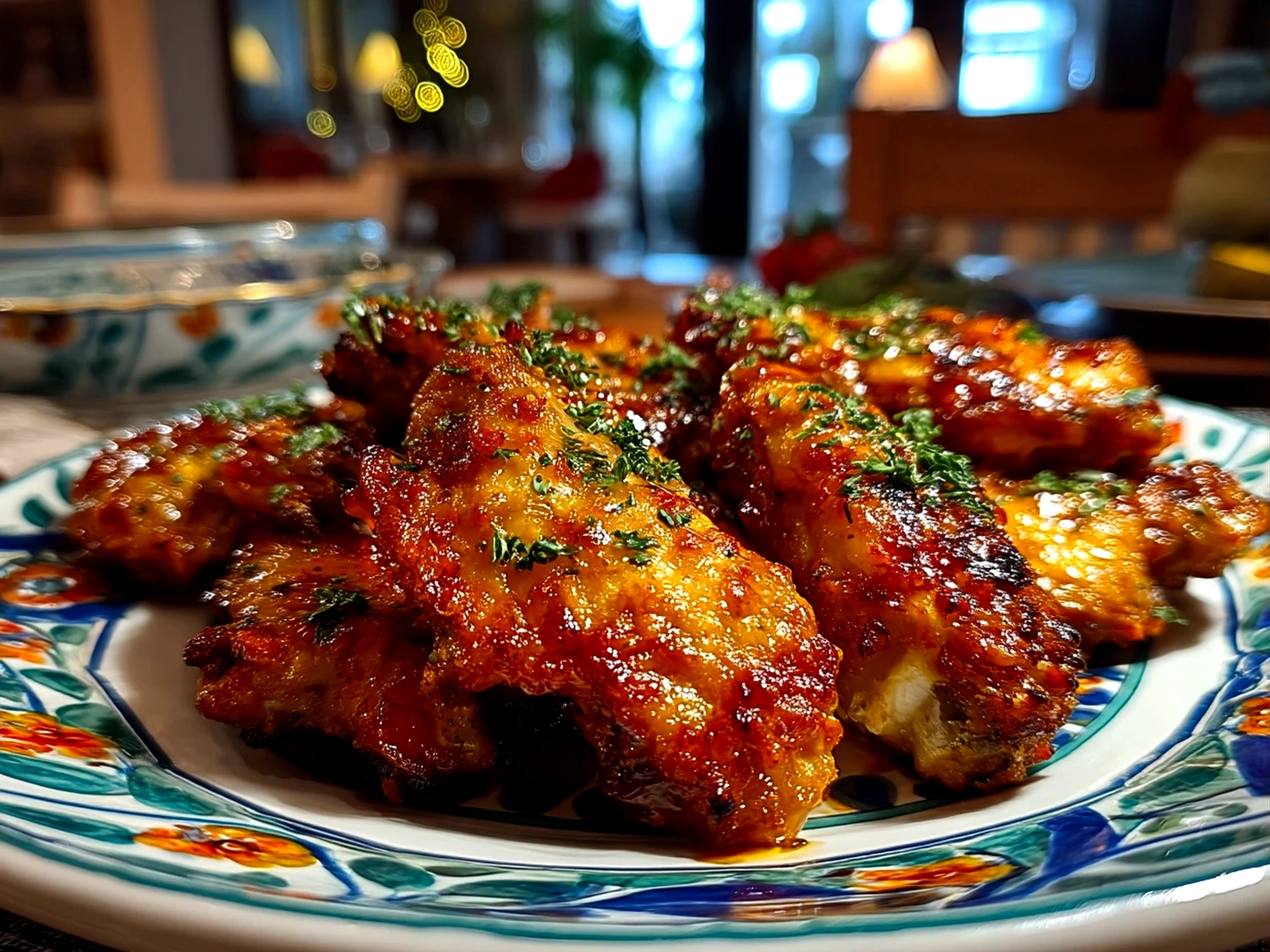 Slight angle close-up of finished crispy chicken wings served on a platter