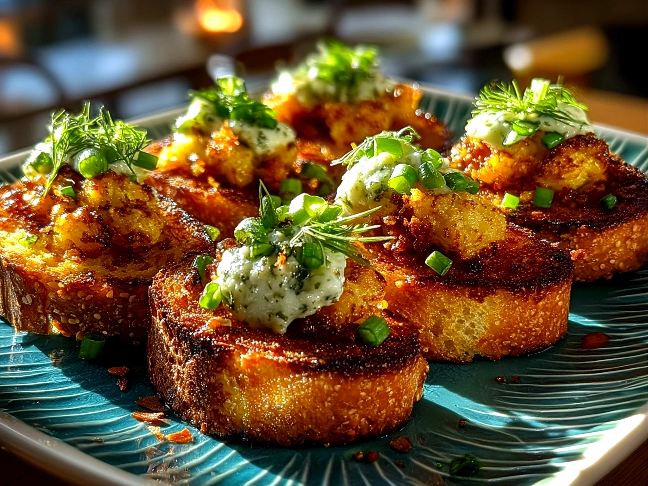 Close-up of finished golden crispy corn toast bites on a rustic wooden tray with dipping sauce