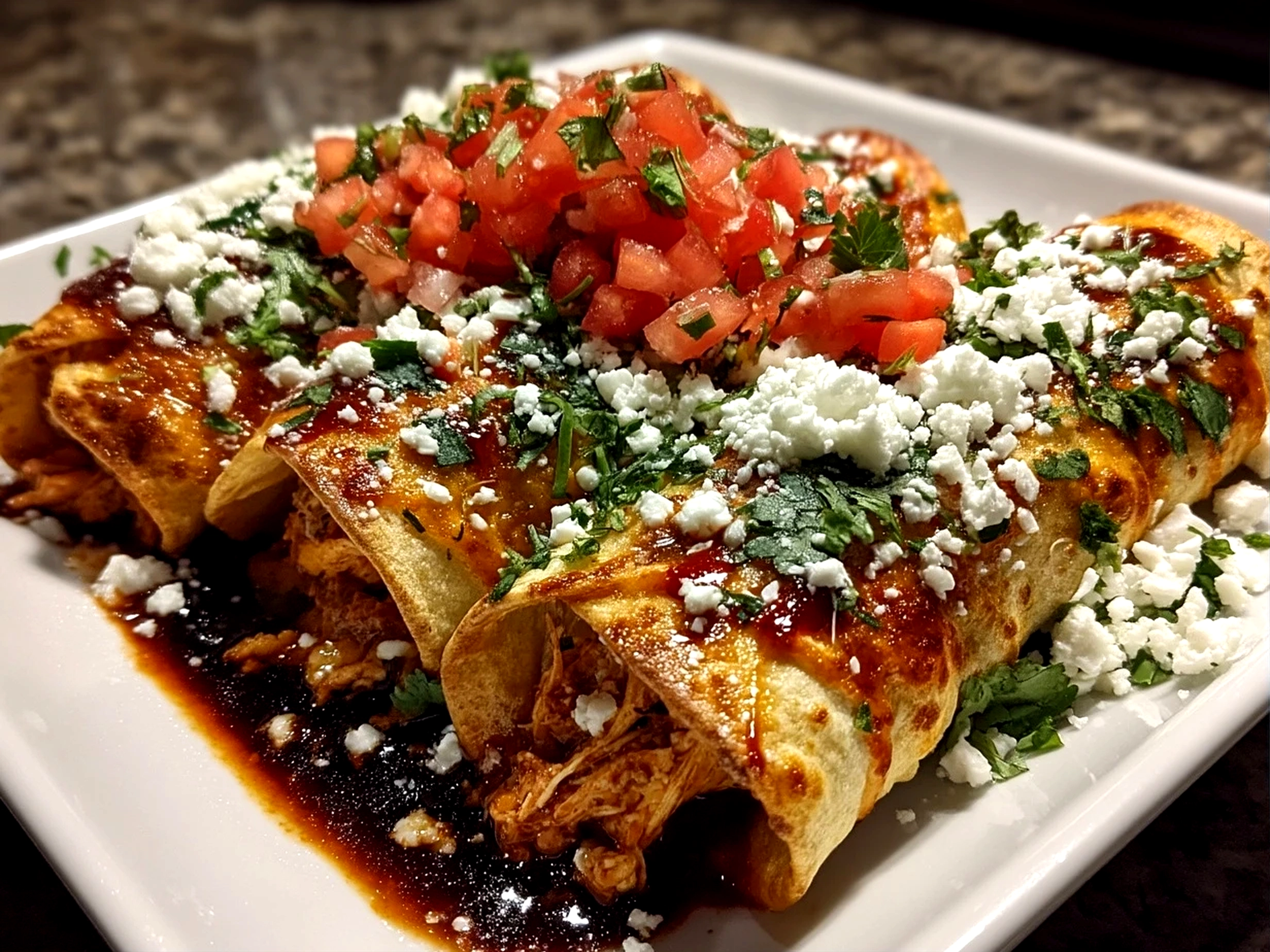 Slight angle close-up of finished delicious Buffalo Chicken Taquitos served on a plate