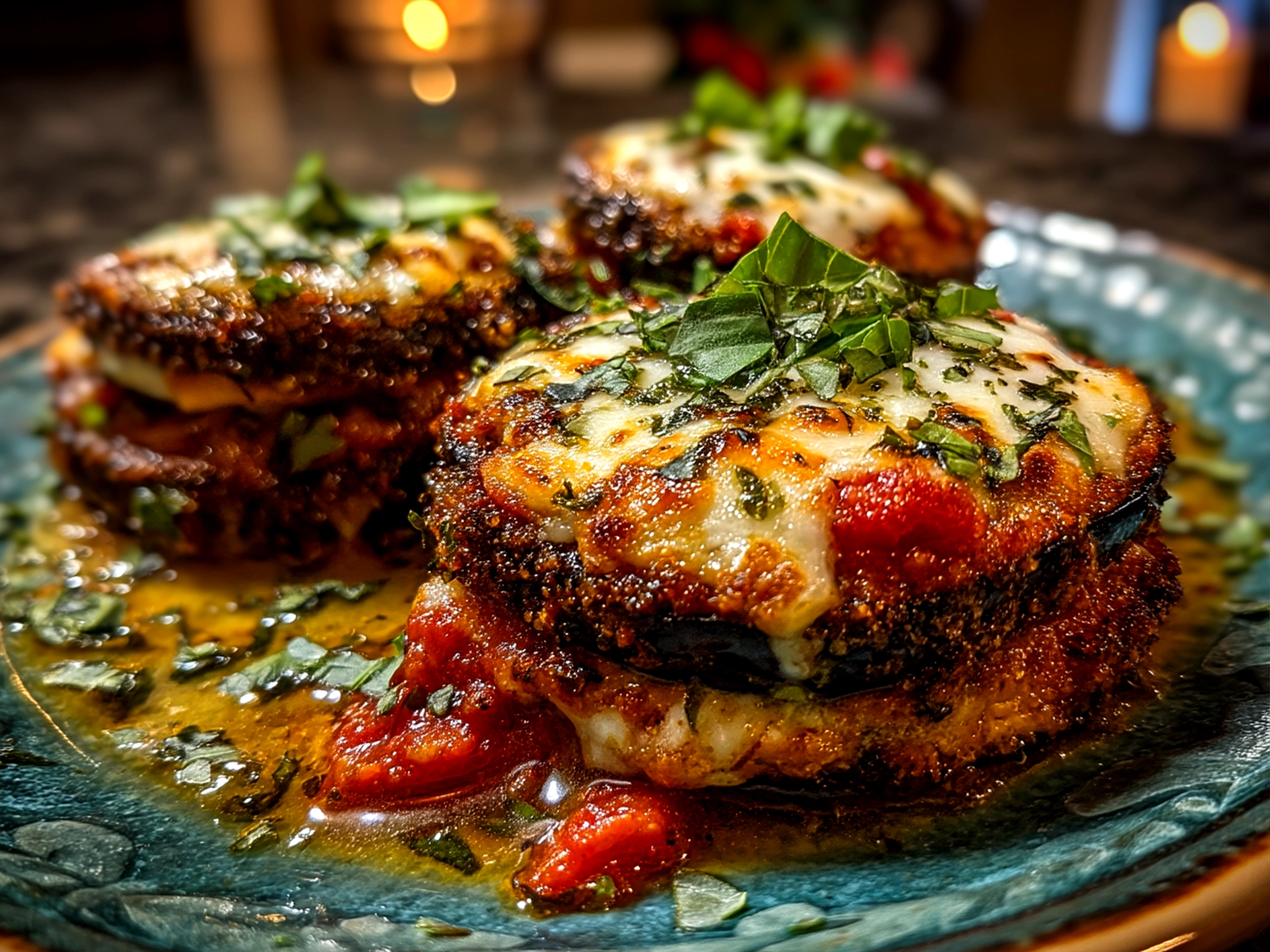 Slight angle close-up of delicious baked Eggplant Parmesan Stacks ready to be served