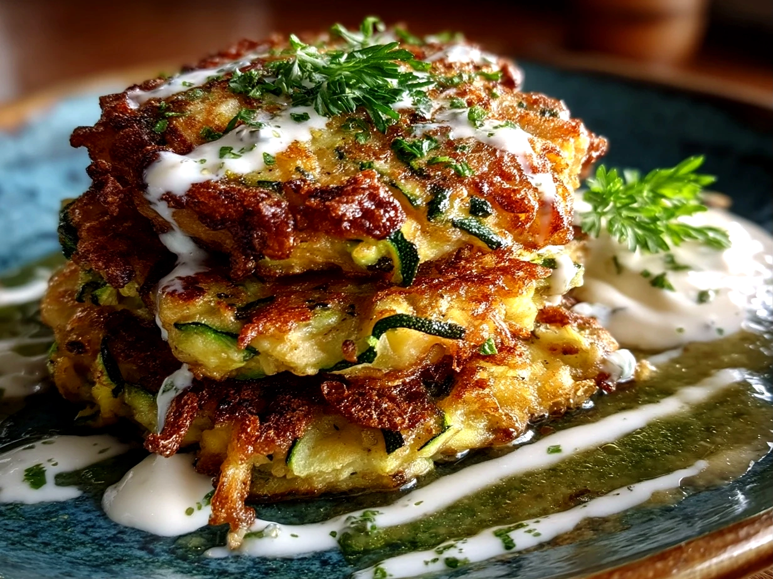 Slight angle close-up of a finished delicious Zucchini Fritter Stack with Yogurt Sauce, showing golden fritters with creamy herb sauce.