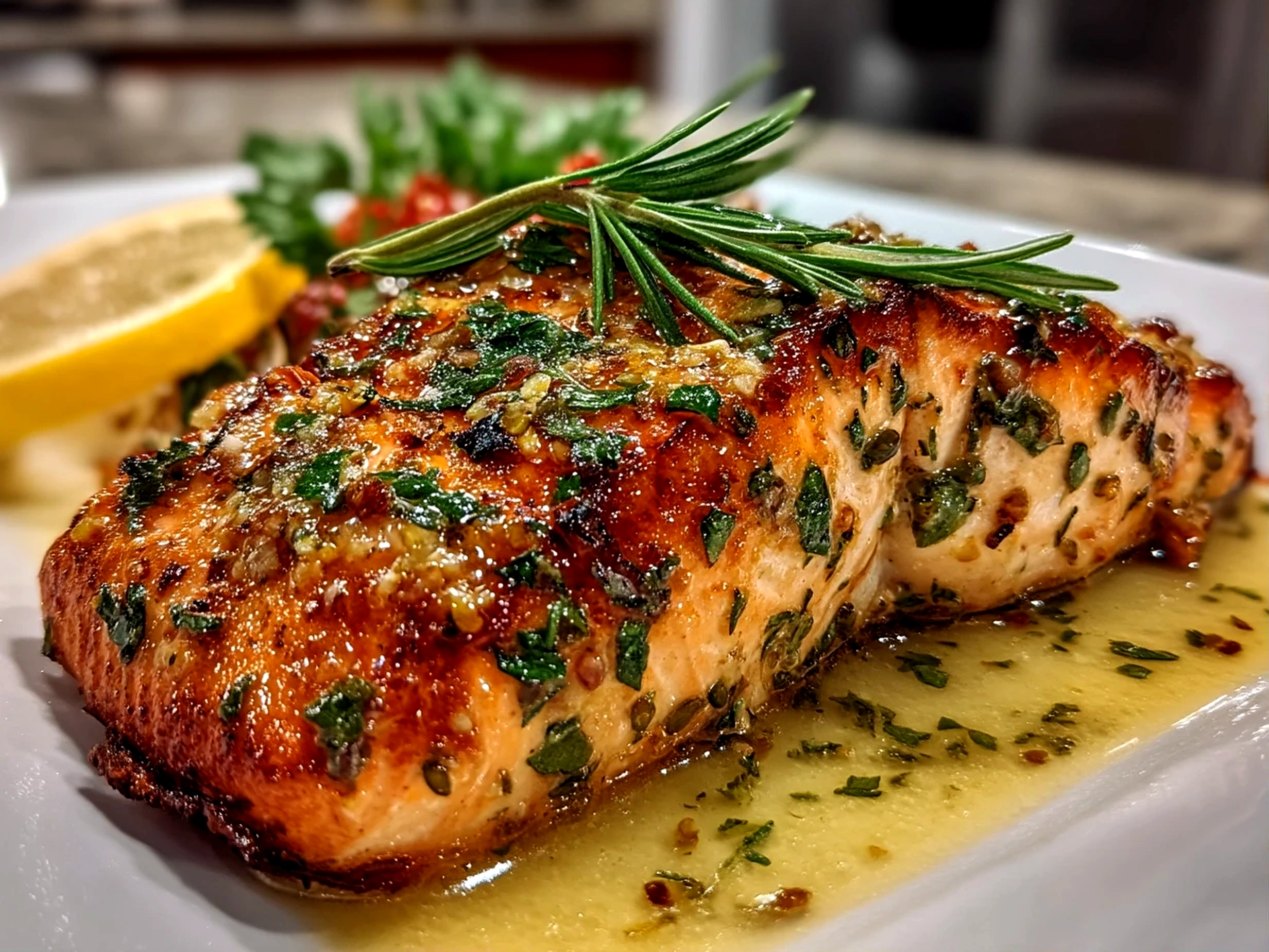 Close up of finished Garlic Butter Lemon Salmon with parsley and lemon wedge