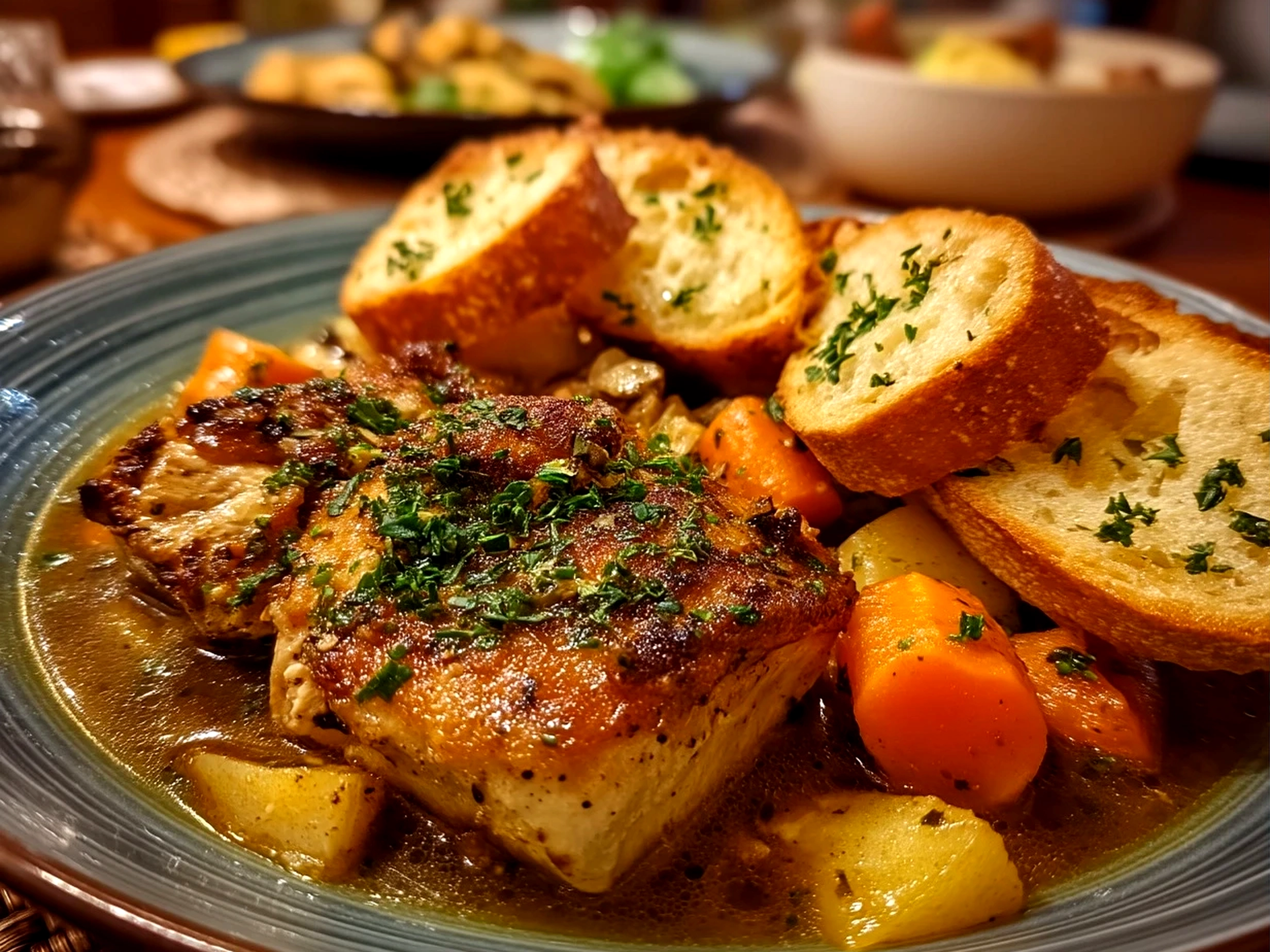 Slight angle close-up of a finished bowl of garlic parmesan chicken stew, creamy and garnished with parsley