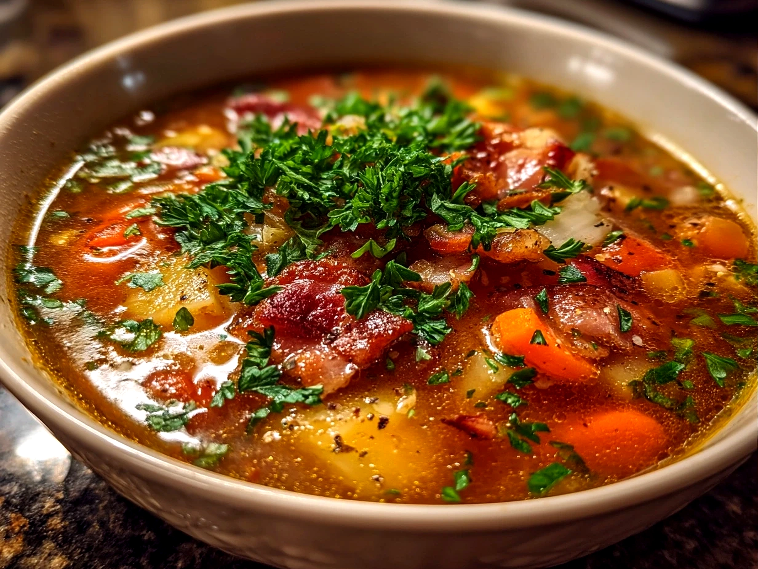 Slight angle close-up finished homemade vegetable soup in bowl