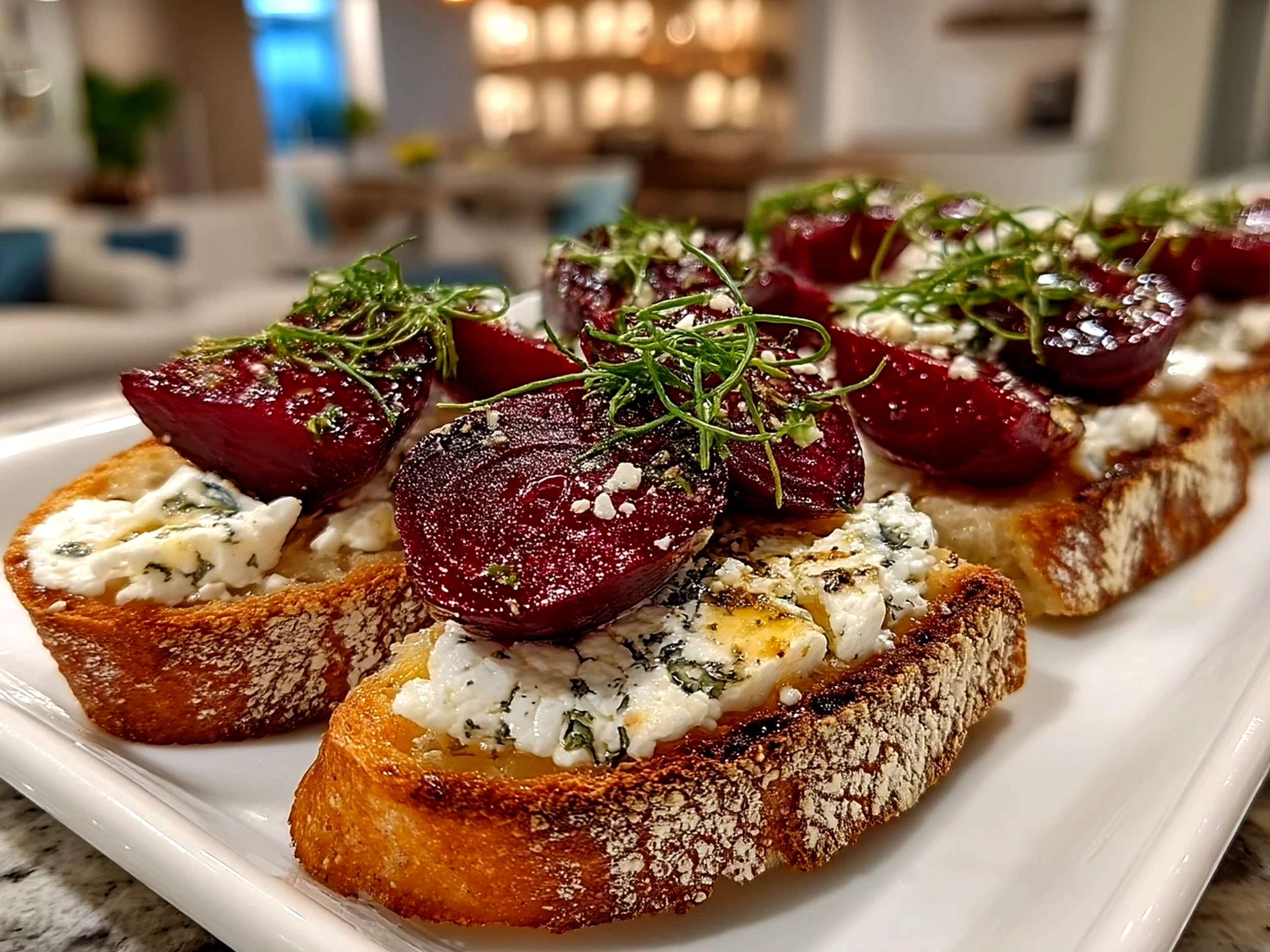 Close-up of finished Roasted Beet Goat Cheese dish with vibrant colors and fresh herbs
