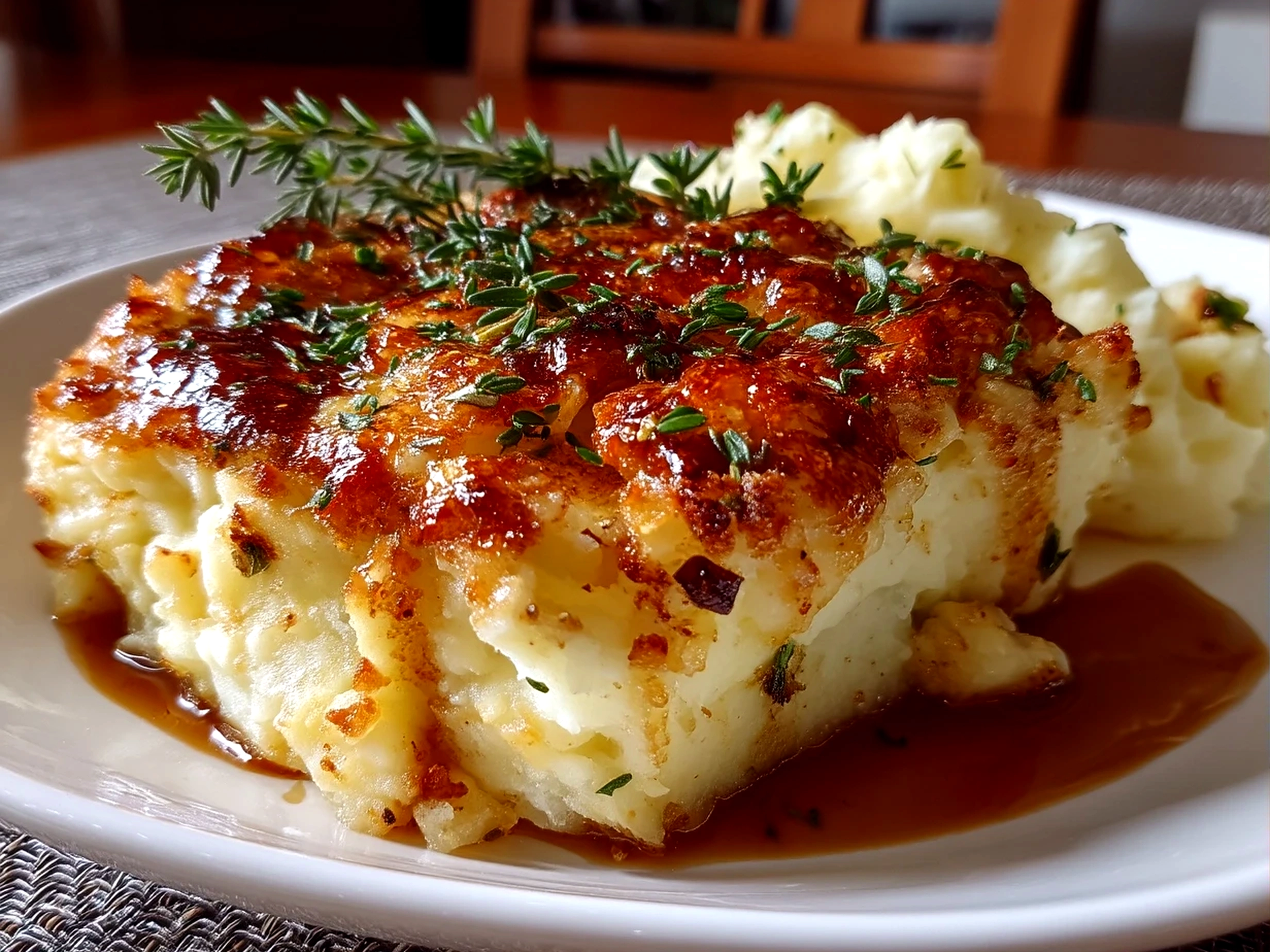 Close-up of freshly made roasted garlic mashed potatoes garnished with chopped parsley