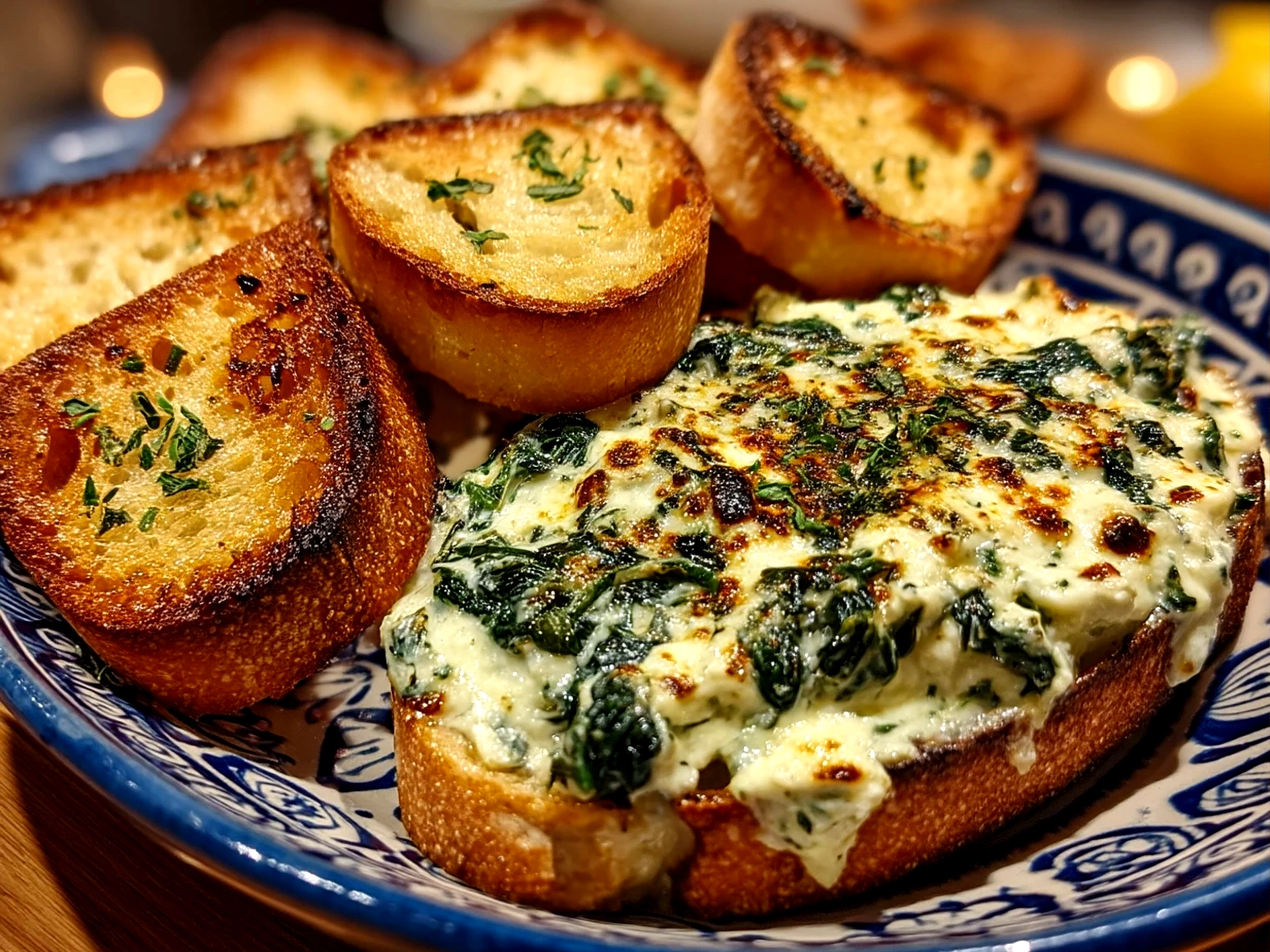 Slight angle close-up of finished creamy spinach dip in dish