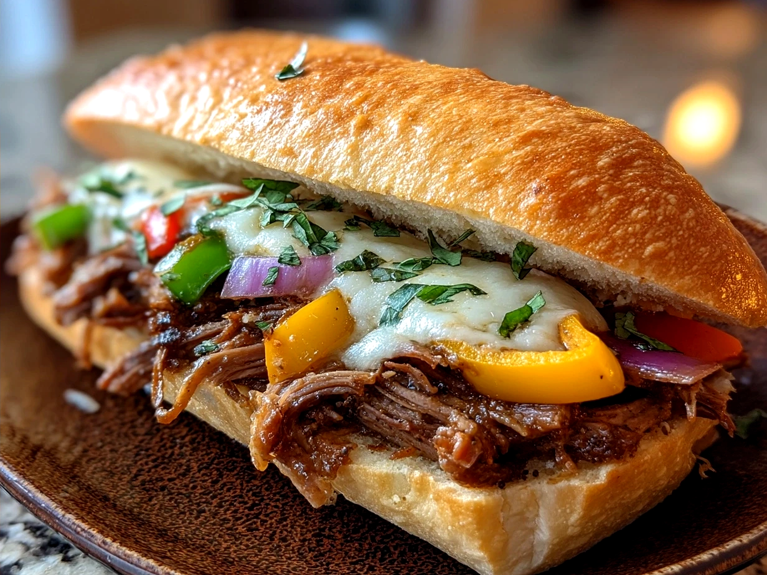 Slow Cooker Italian Beef Sandwich served on a plate with sides