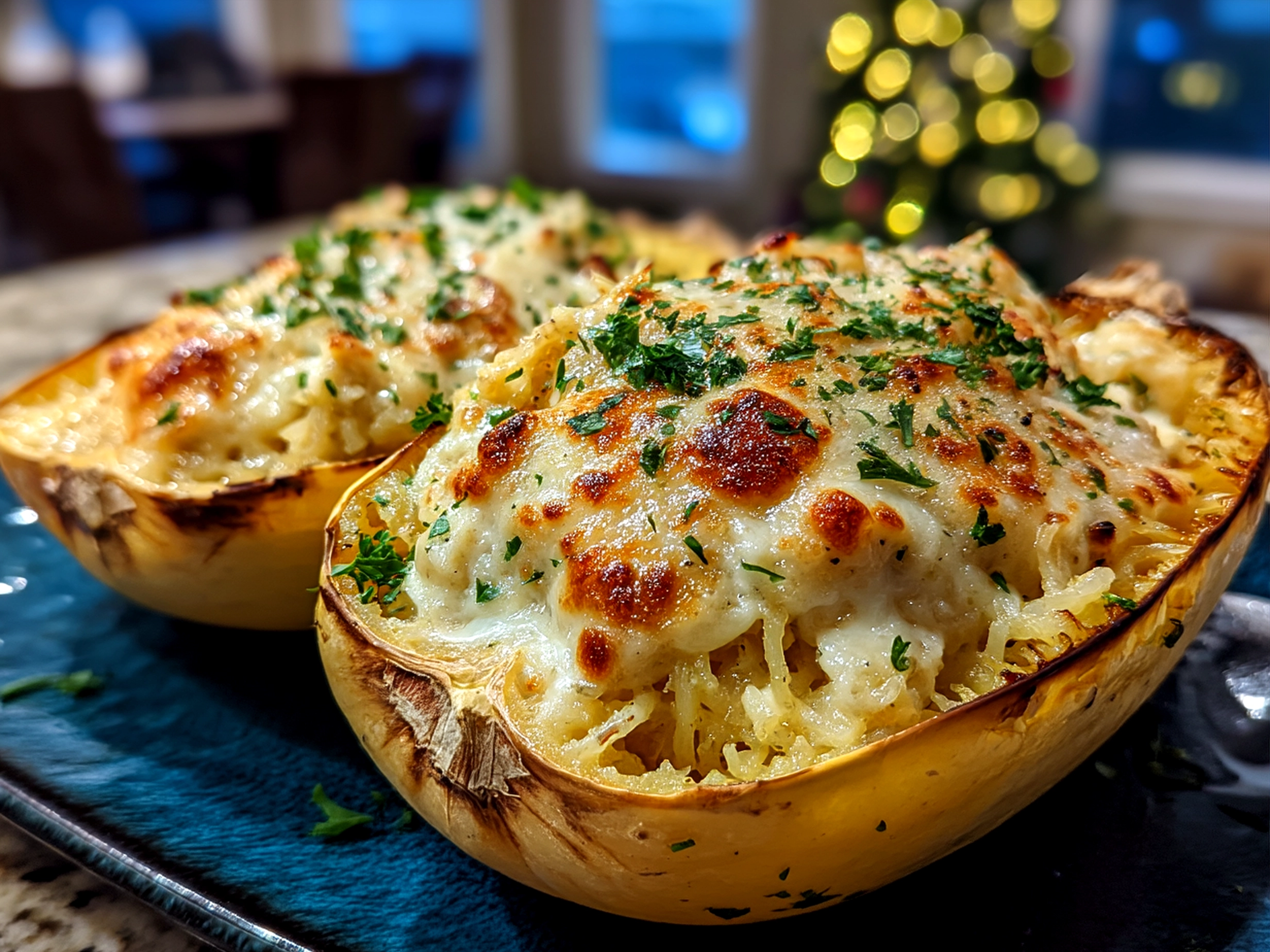 Served Spaghetti Squash Alfredo Boats garnished with fresh herbs
