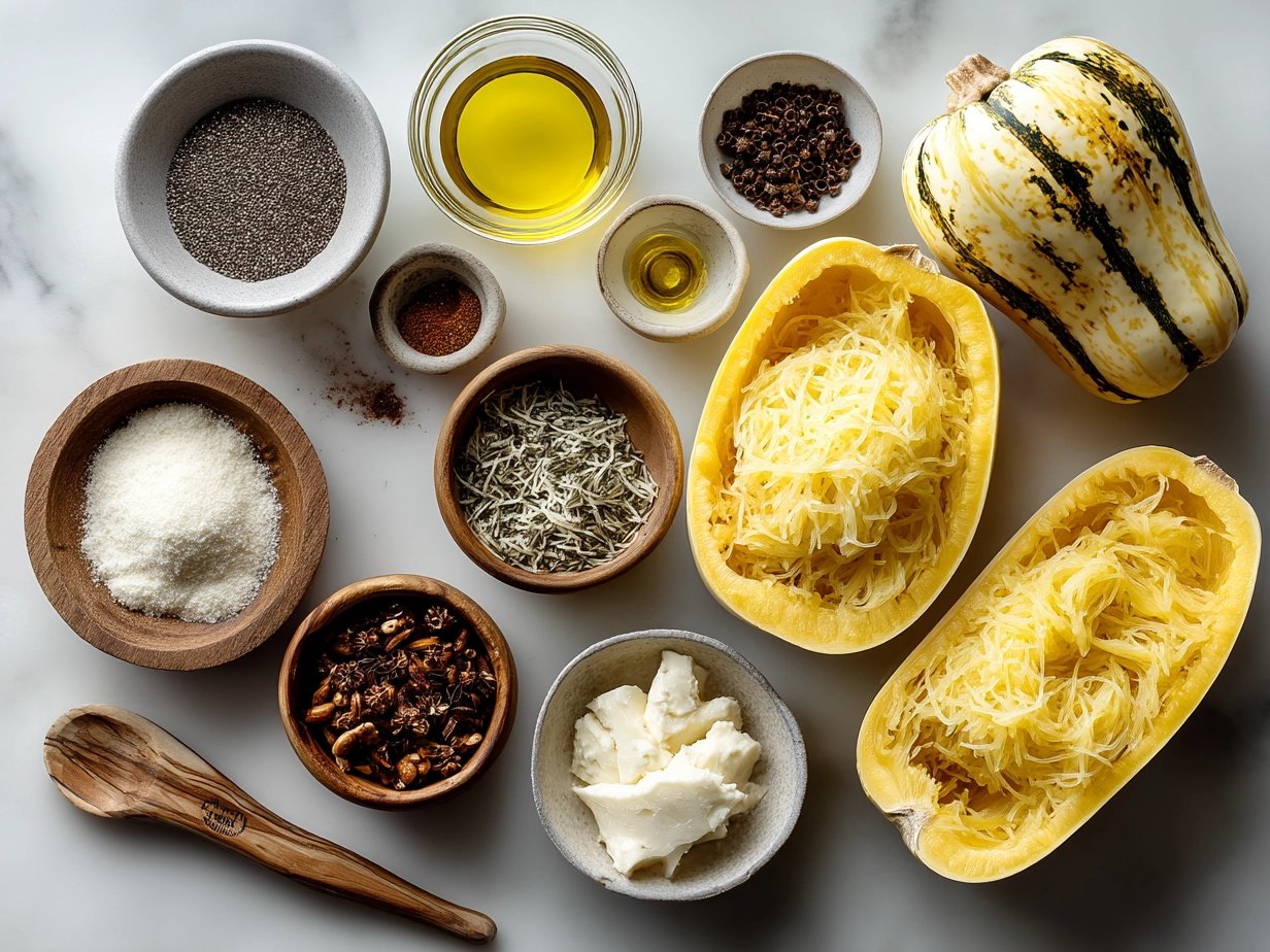 Ingredients for Spaghetti Squash Alfredo Boats including spaghetti squash, cream, Parmesan, butter, garlic, and herbs