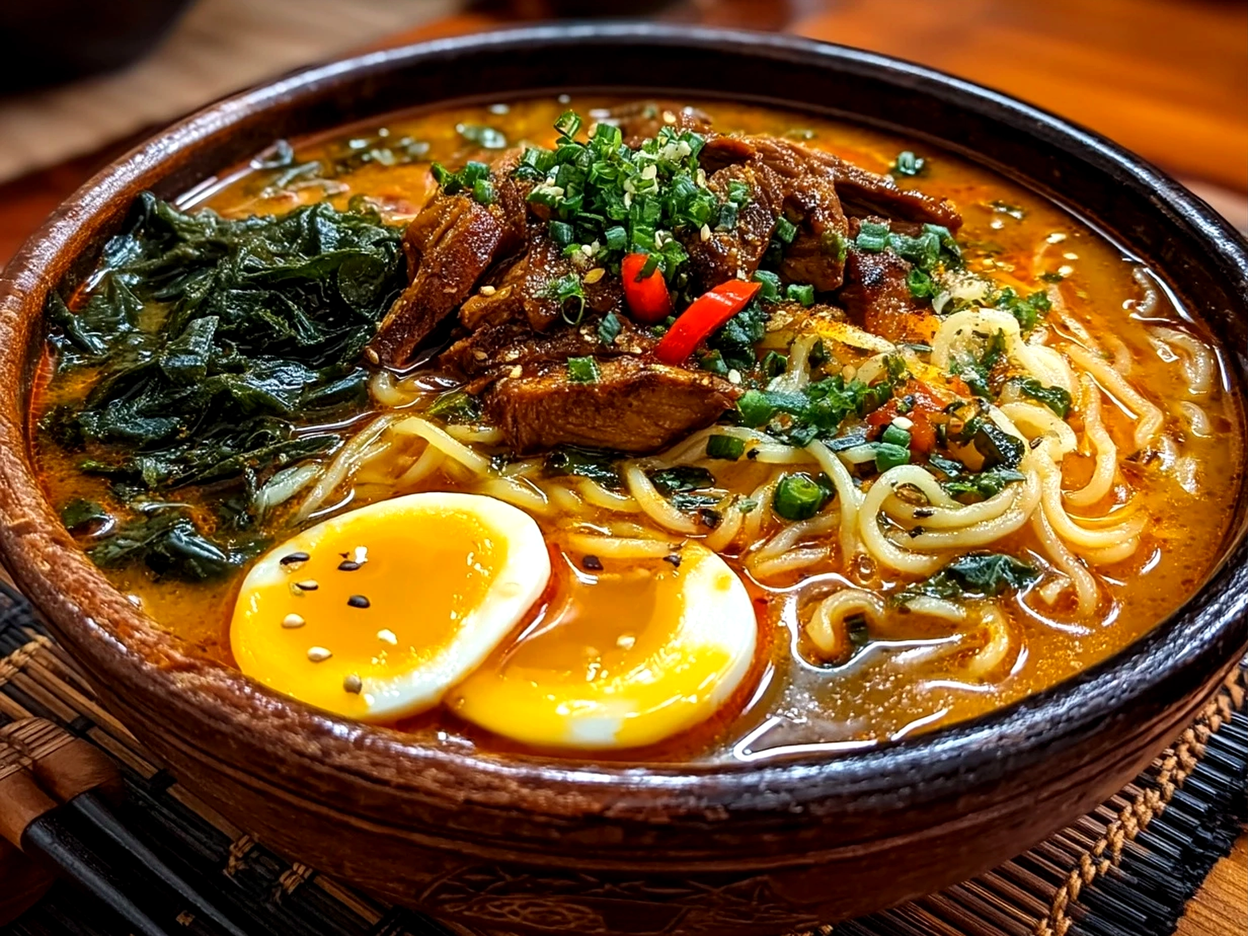 A bowl of spicy miso ramen with soft-boiled egg, green onions, and mushrooms