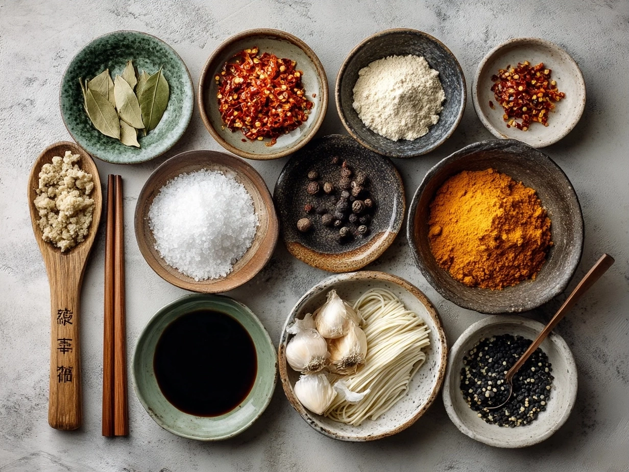 Ingredients for spicy miso ramen laid out on a kitchen counter