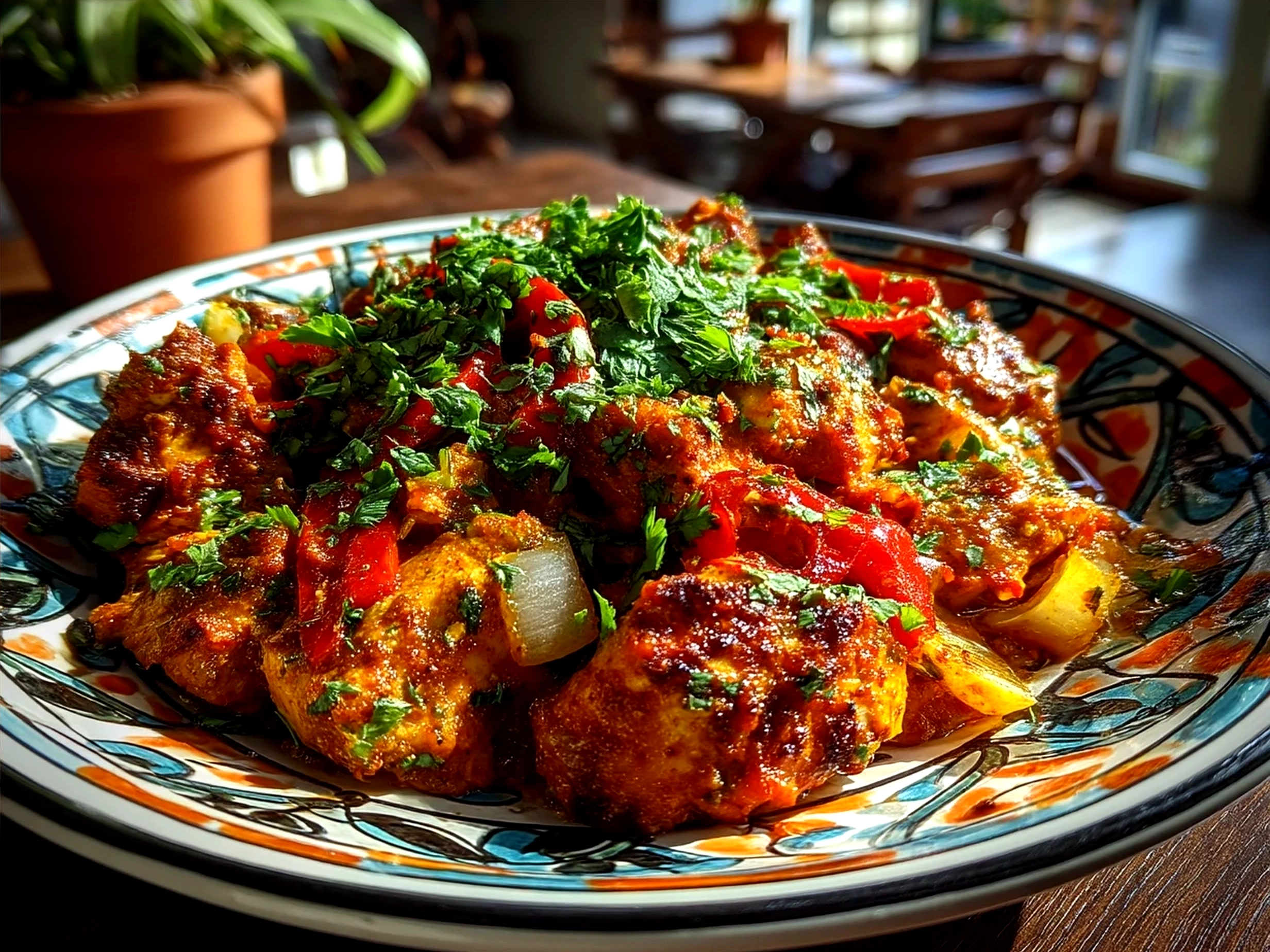 Served Spicy Portuguese Chilli Chicken with garnishes