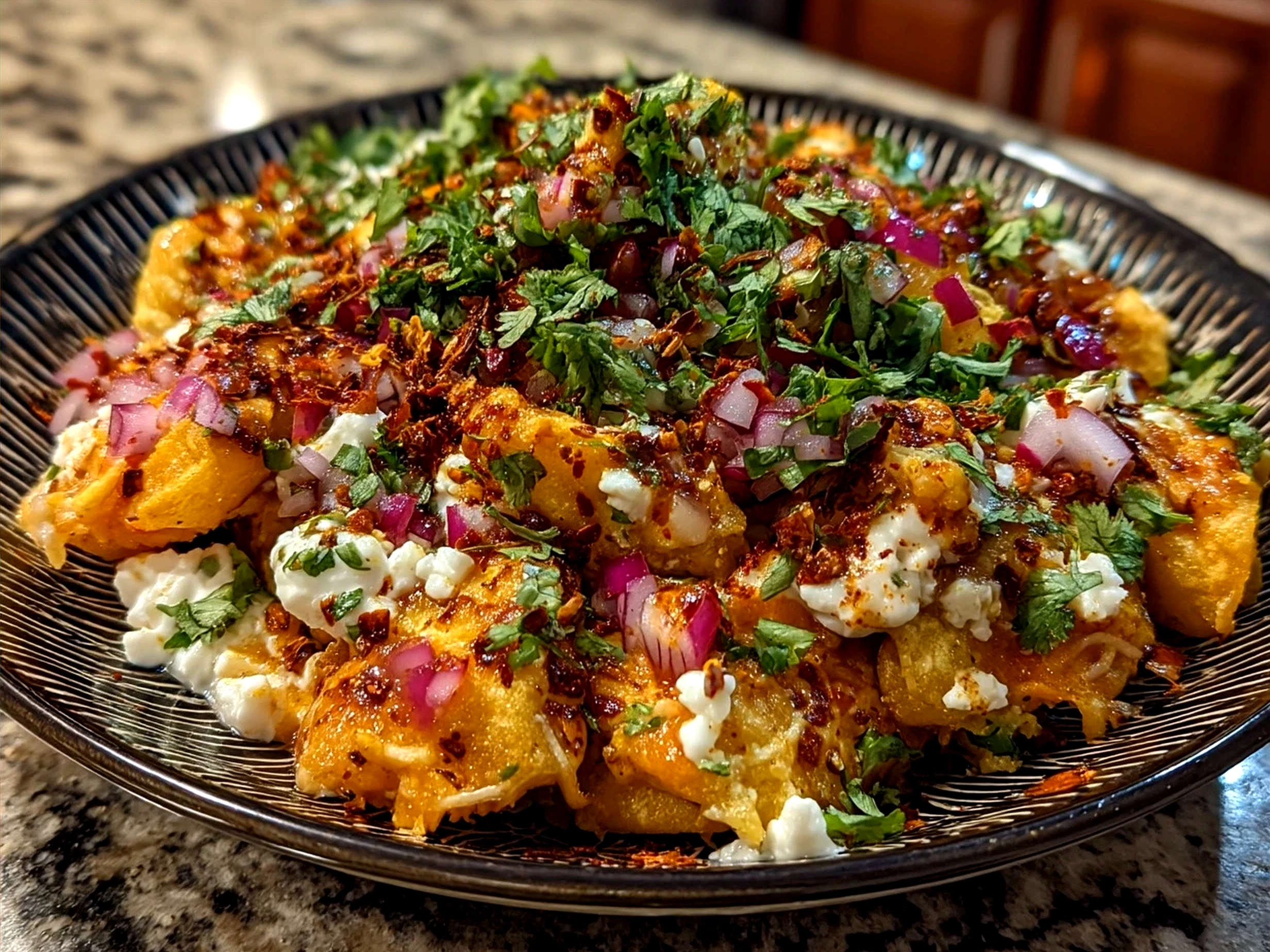 Serving bowl of Street-Style Peanut Cheese Chaat with fresh herbs