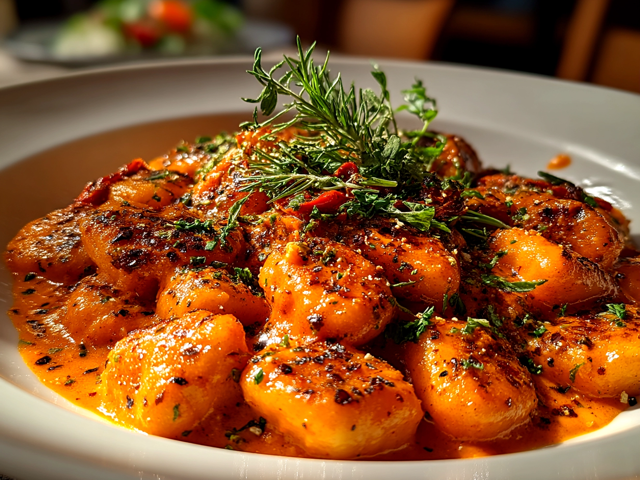 A serving of Sun-Dried Tomato Gnocchi garnished with fresh basil