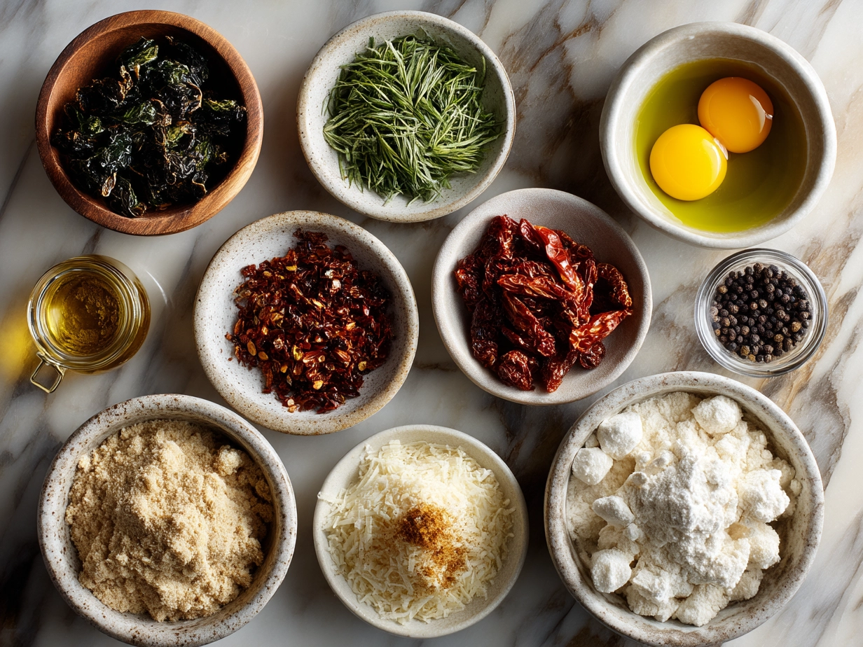 Ingredients for Sun-Dried Tomato Gnocchi including potatoes, flour, sun-dried tomatoes, and garlic