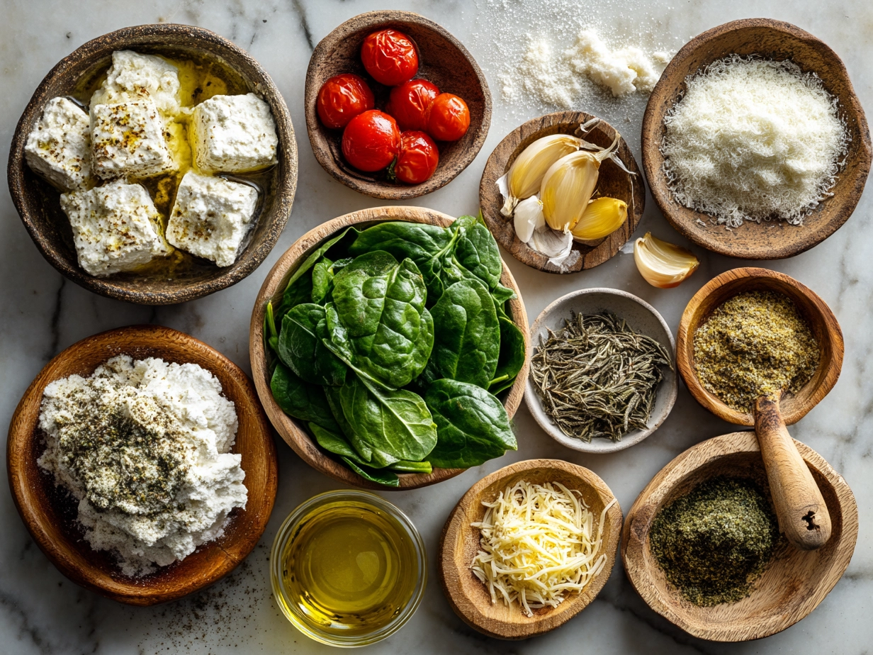 Top-down view of raw ingredients for baked feta pasta with spinach organized on marble kitchen counter