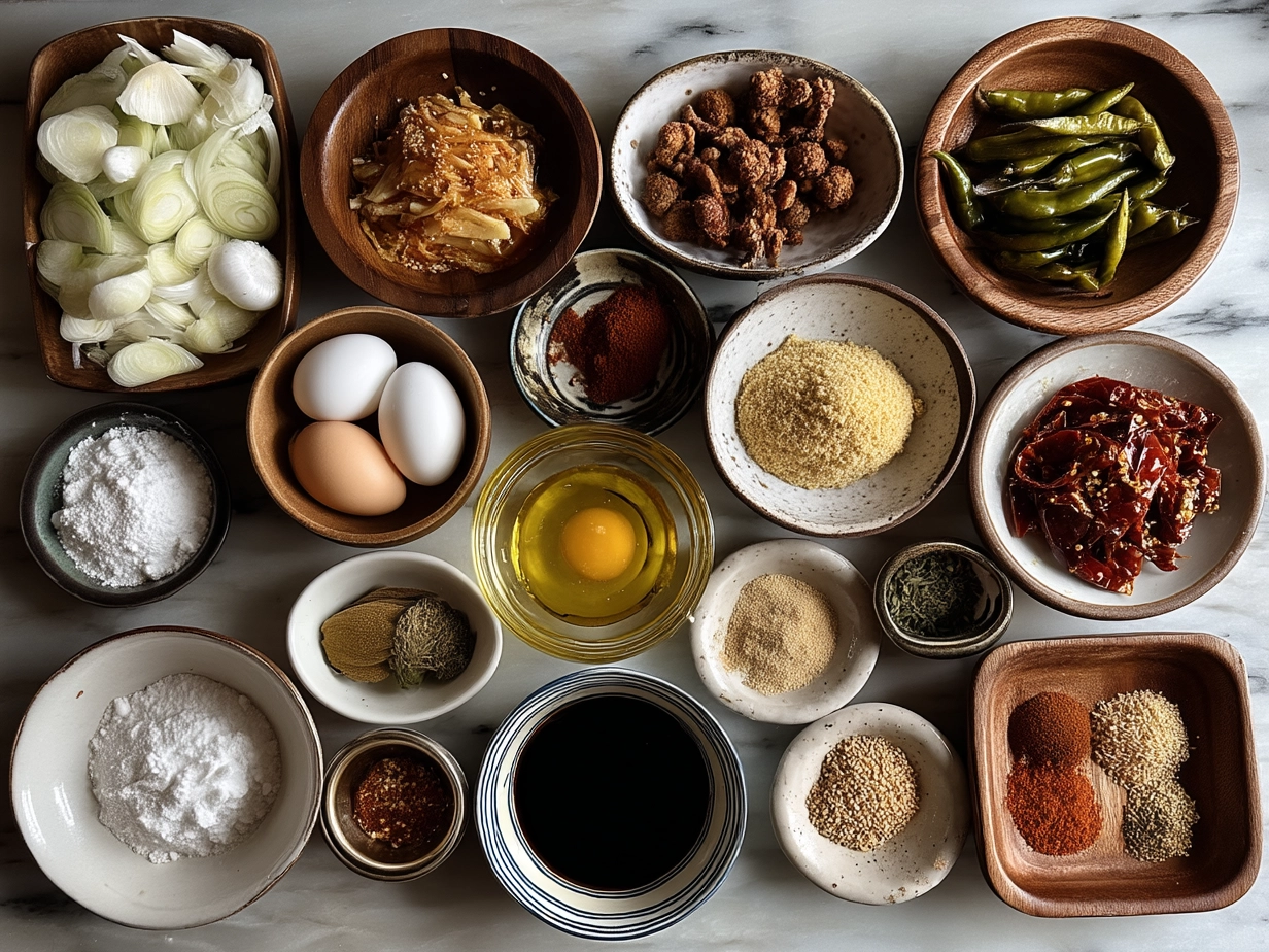 Ingredients for baked sweet chili wings laid out on marble surface
