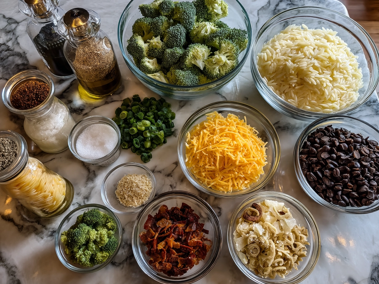 Raw ingredients for Broccoli Cheddar Orzo Bake including orzo pasta, broccoli florets, shredded cheddar cheese, butter, milk, and seasonings