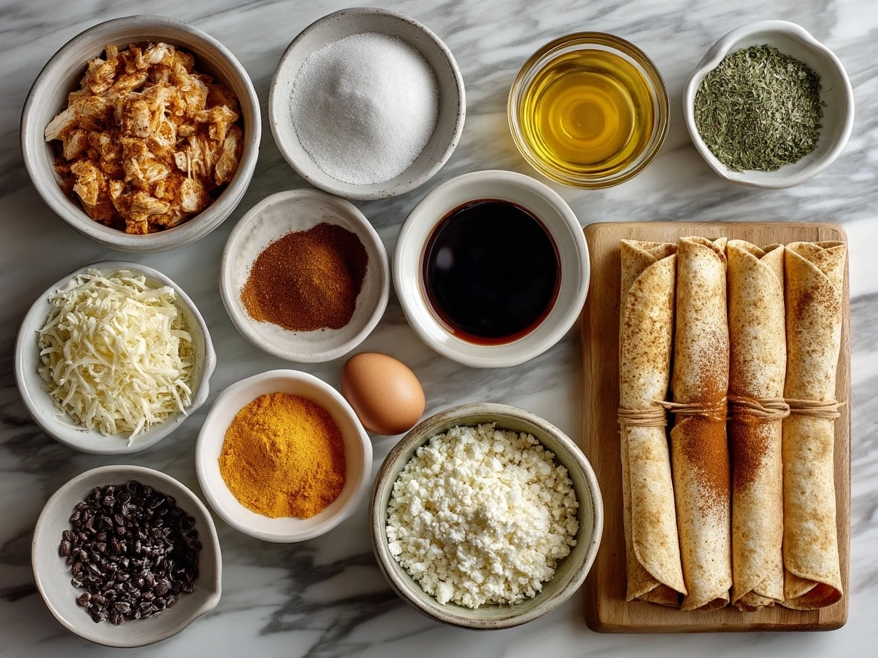 Top down view of raw ingredients for buffalo chicken taquitos including shredded chicken, cheese, buffalo sauce, tortillas, and seasonings