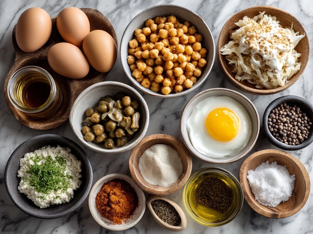 Top down view of raw ingredients for buffalo chickpea wraps including chickpeas, buffalo sauce, tortillas, and fresh vegetables