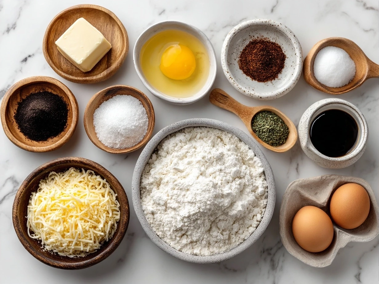Top-down view of raw ingredients for cheddar jalapeno cornbread muffins on marble surface, showcasing fresh and organized mise en place