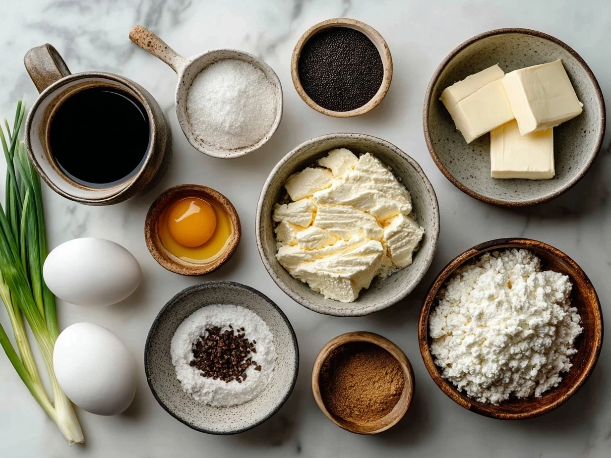 Top down raw ingredients for cheese quesadilla on marble, modern kitchen organized mise en place.