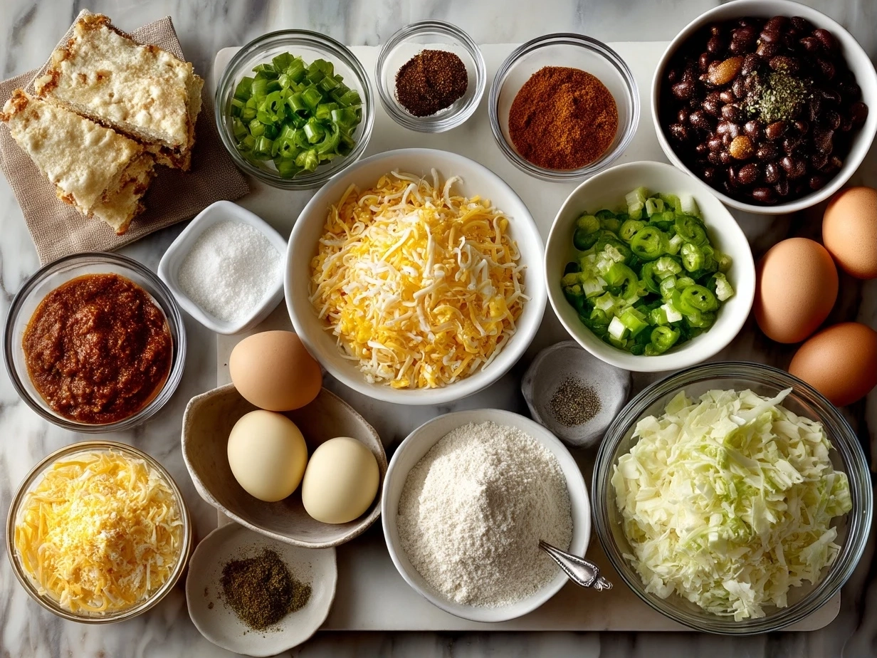 Ingredients for Cheesy Crowd-Pleaser Corn Dip laid out on marble surface