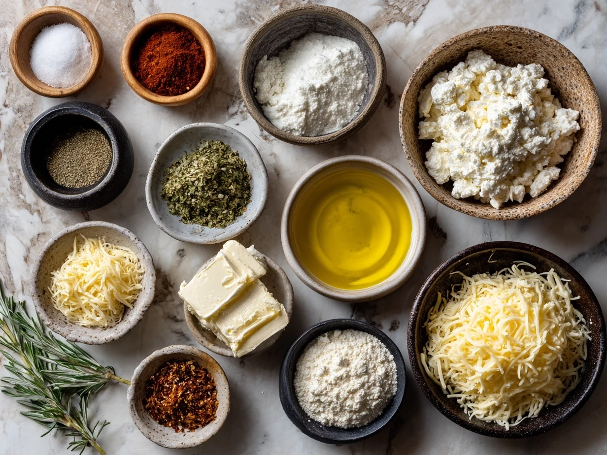Top-down view of raw ingredients for cheesy pizza dip on marble surface