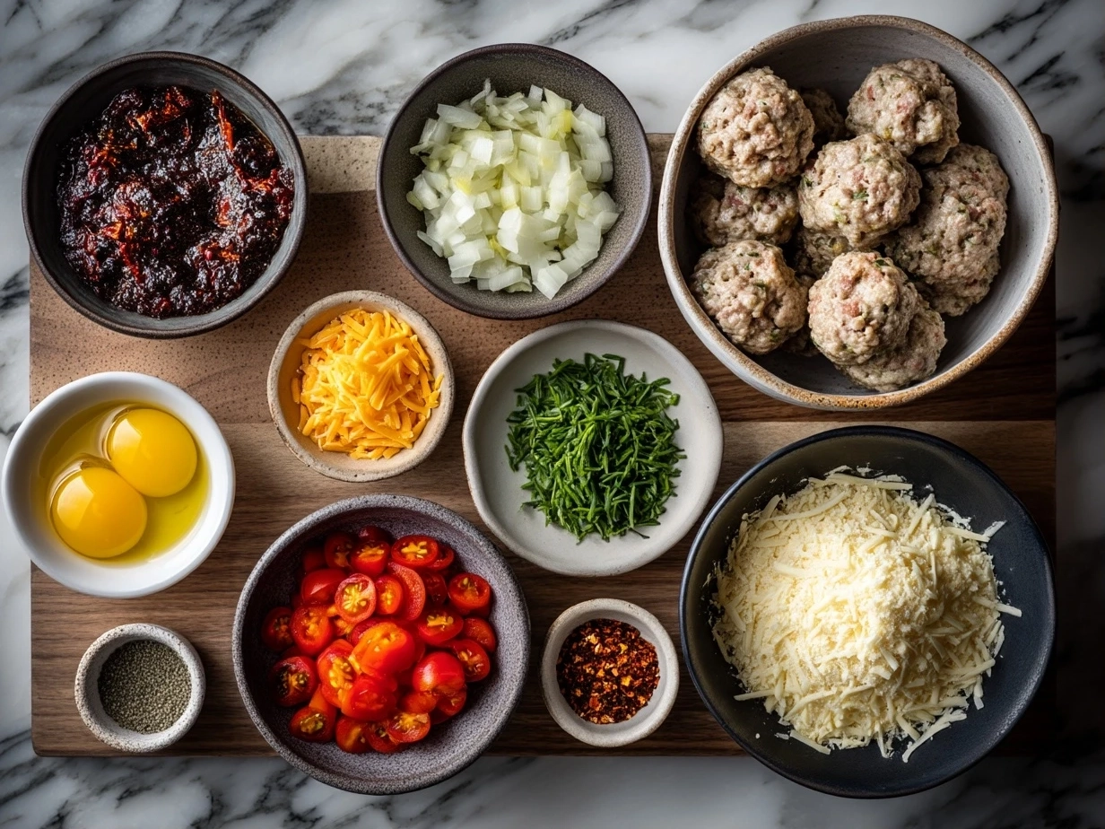 Top-down view of raw ingredients for Cheesy Rotel Sausage Balls on marble surface