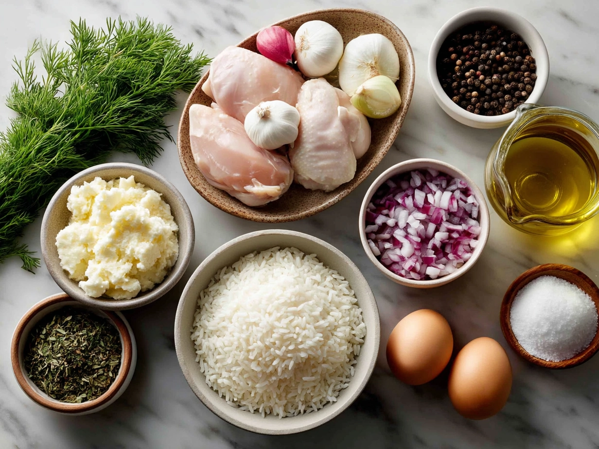 Top-down view of raw ingredients for chicken and rice bowl on marble surface