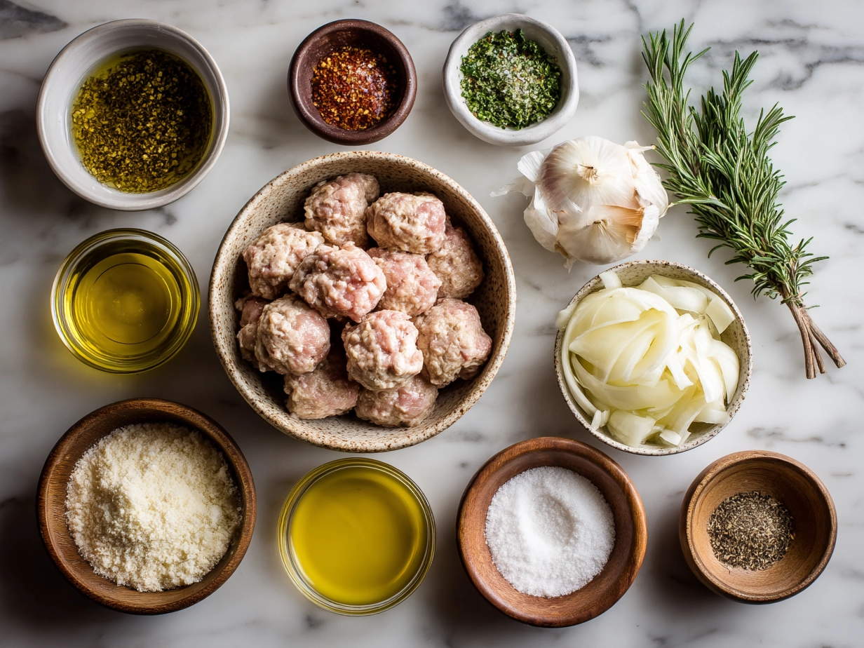 Raw ingredients for chicken marsala meatballs on marble countertop, including ground chicken, mushrooms, herbs, and spices