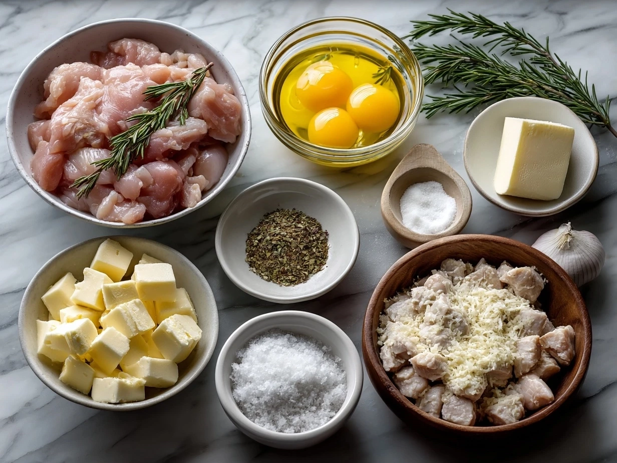 Top down raw ingredients for Chicken Shepherds Pie including chicken, vegetables, potatoes, and seasoning.