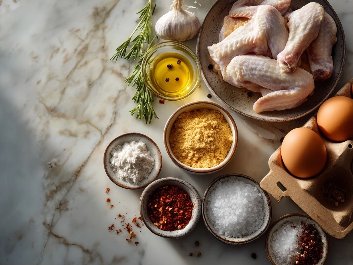 Raw ingredients for crispy chicken wings on marble surface
