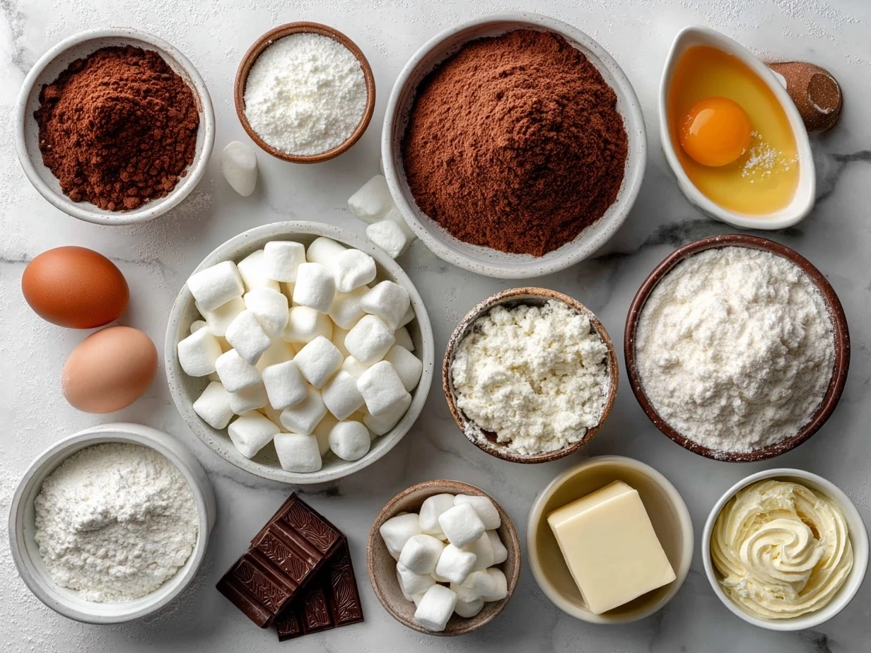 Top-down raw ingredients for chocolate marshmallow swirl cookies on marble, modern kitchen organized mise en place.
