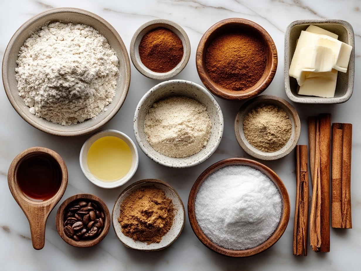Top down view of raw ingredients for cinnamon swirl banana bread on marble surface