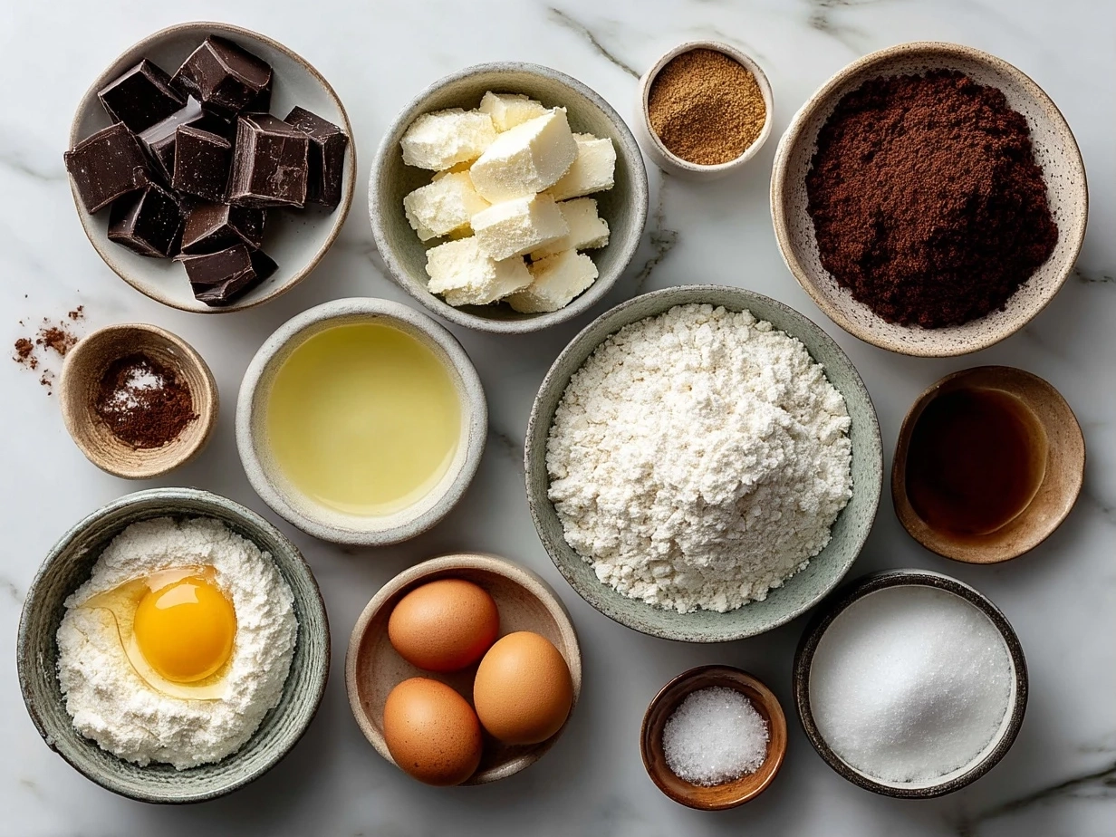 Top down view of raw ingredients for Classic Dirt Cake Delight including cream cheese, butter, powdered sugar, instant chocolate pudding mix, milk, and crushed Oreo cookies