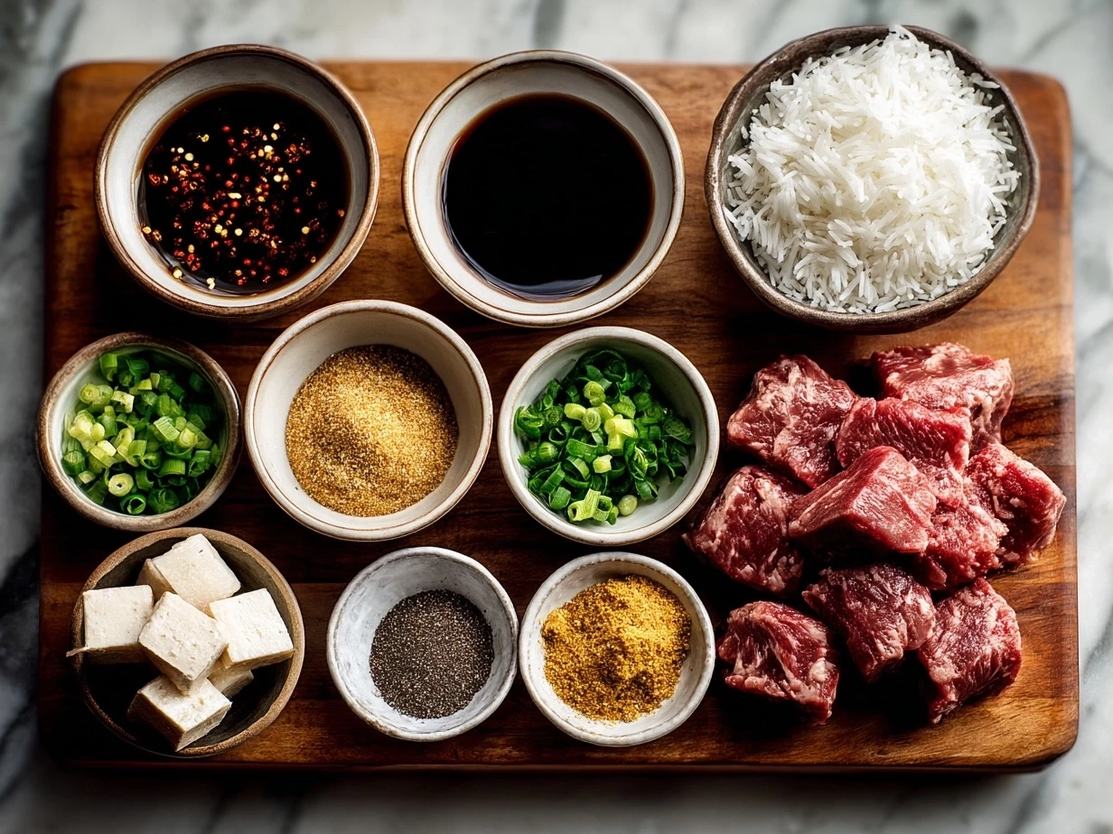 Top-down view of raw ingredients for Crispy Peking Beef Bowl arranged on marble countertop