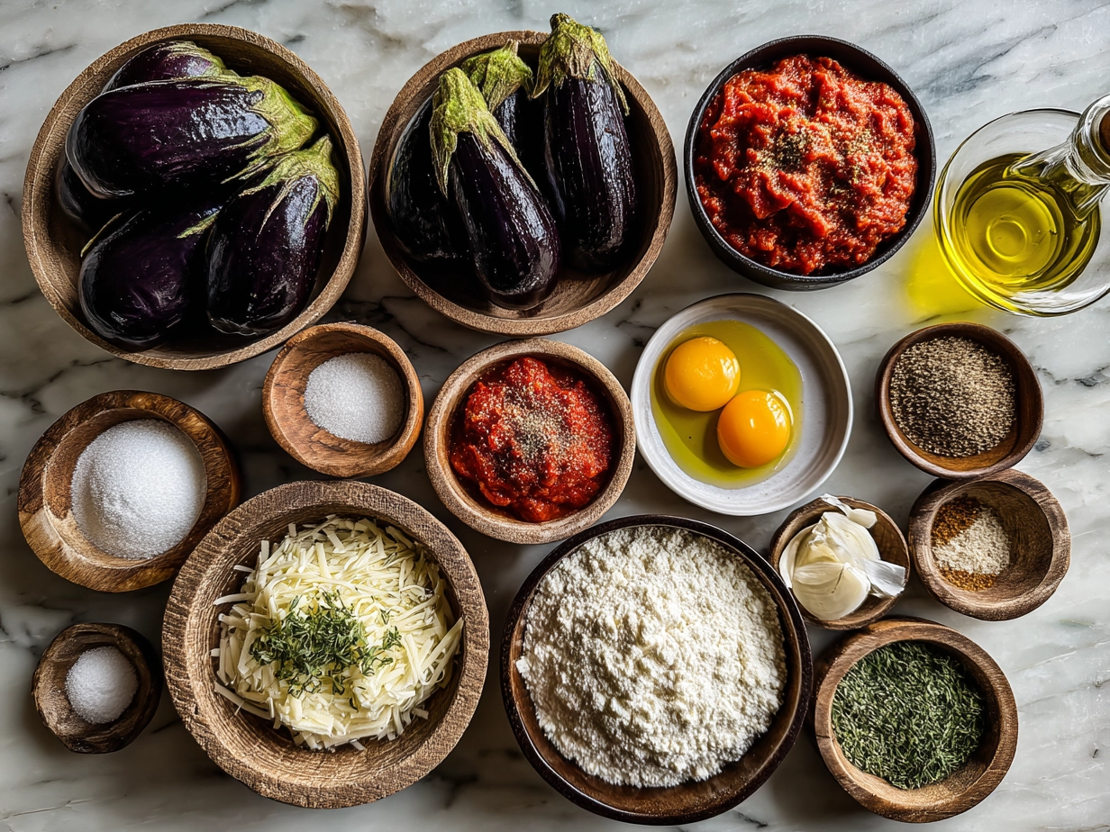 Top-down view of raw ingredients for making Eggplant Parmesan Stacks on marble surface