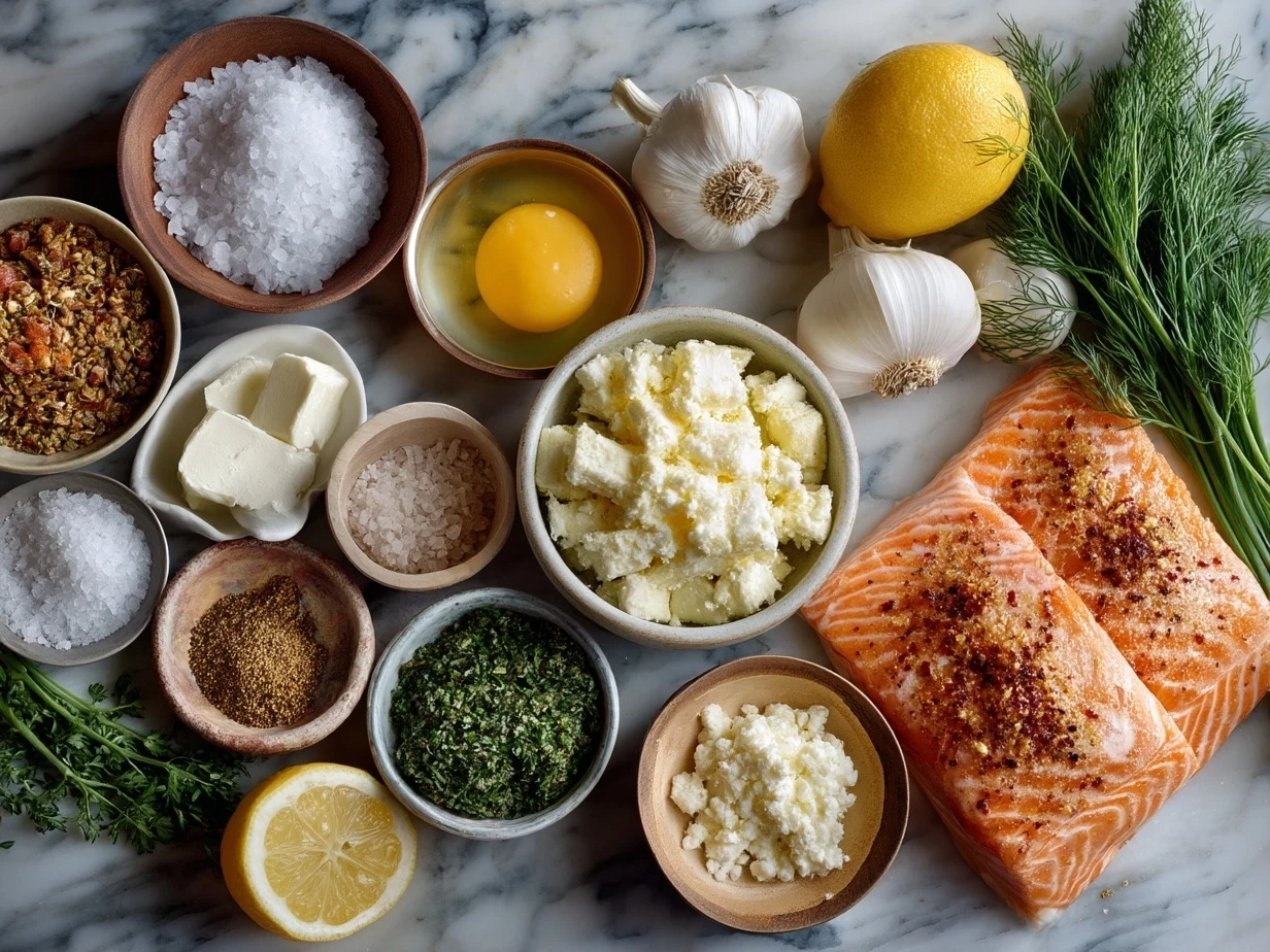 Top down view of raw ingredients for Garlic Butter Lemon Salmon on marble surface