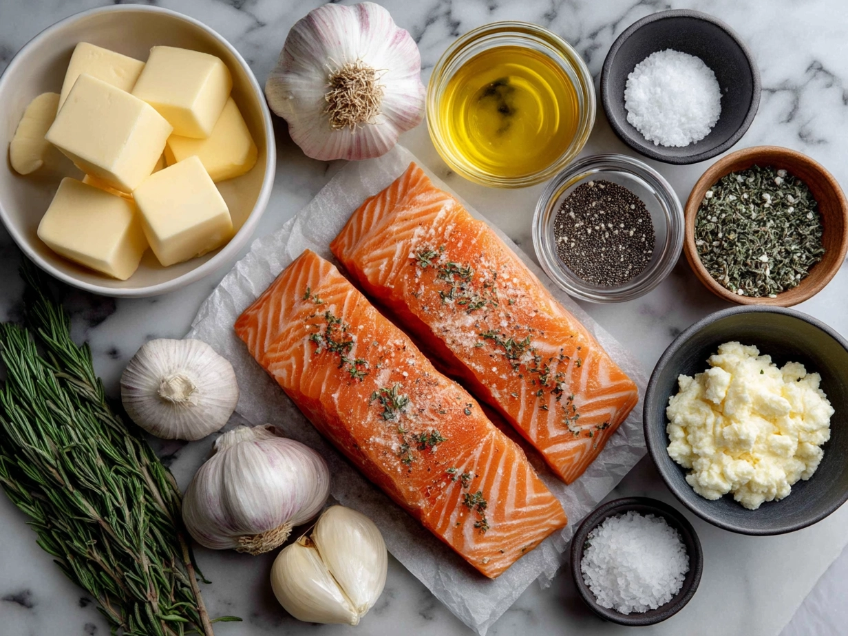 Raw ingredients for garlic butter salmon on marble surface with modern kitchen organized mise en place