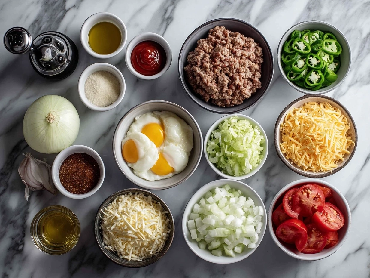 Top-down view of raw ingredients for Loaded Big Mac Sliders arranged on a marble surface with organized mise en place